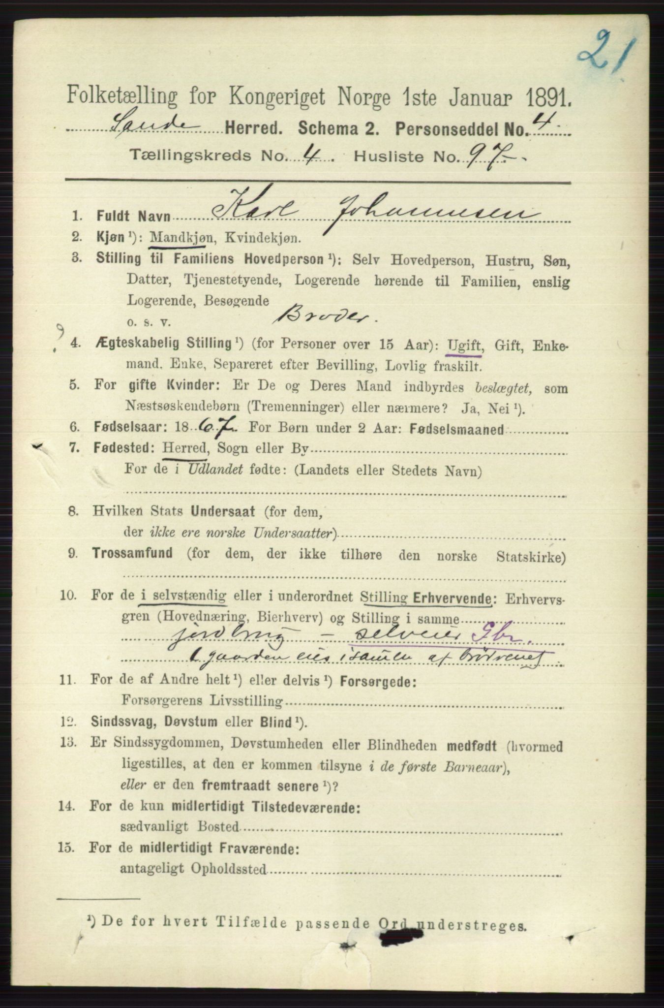 RA, 1891 census for 0713 Sande, 1891, p. 2056