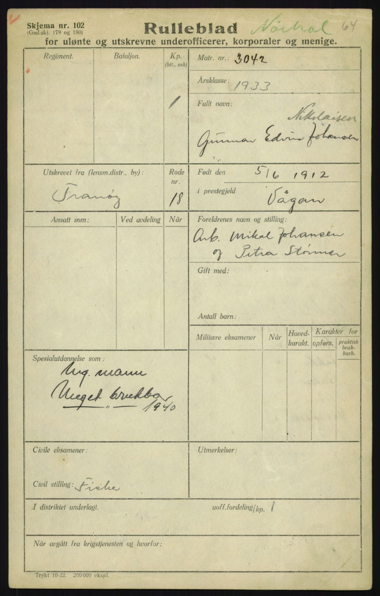 Forsvaret, Troms infanteriregiment nr. 16, AV/RA-RAFA-3146/P/Pa/L0017: Rulleblad for regimentets menige mannskaper, årsklasse 1933, 1933, p. 873