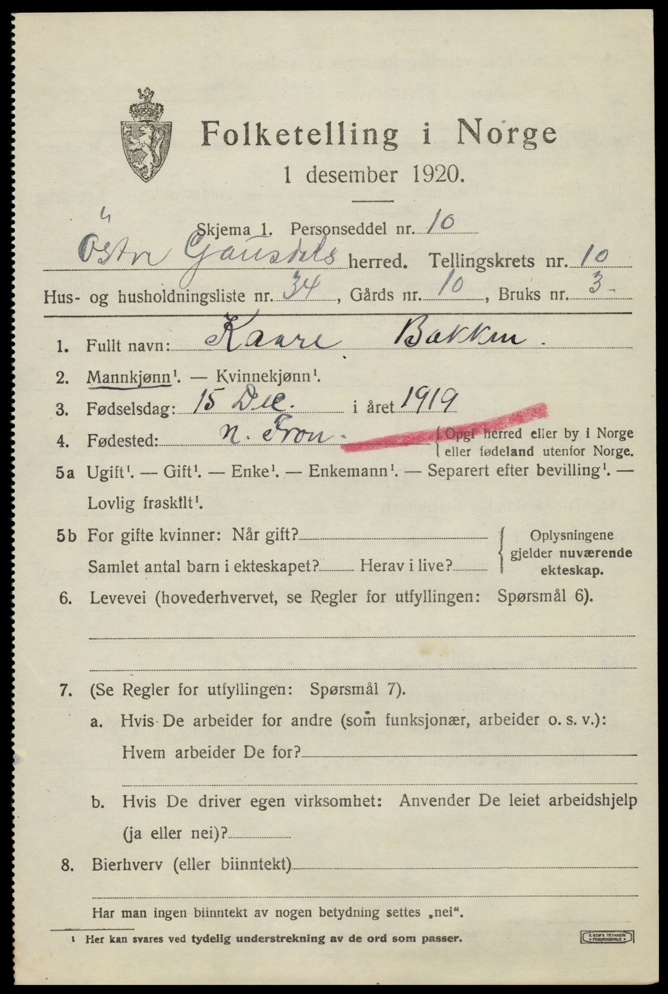 SAH, 1920 census for Østre Gausdal, 1920, p. 5822