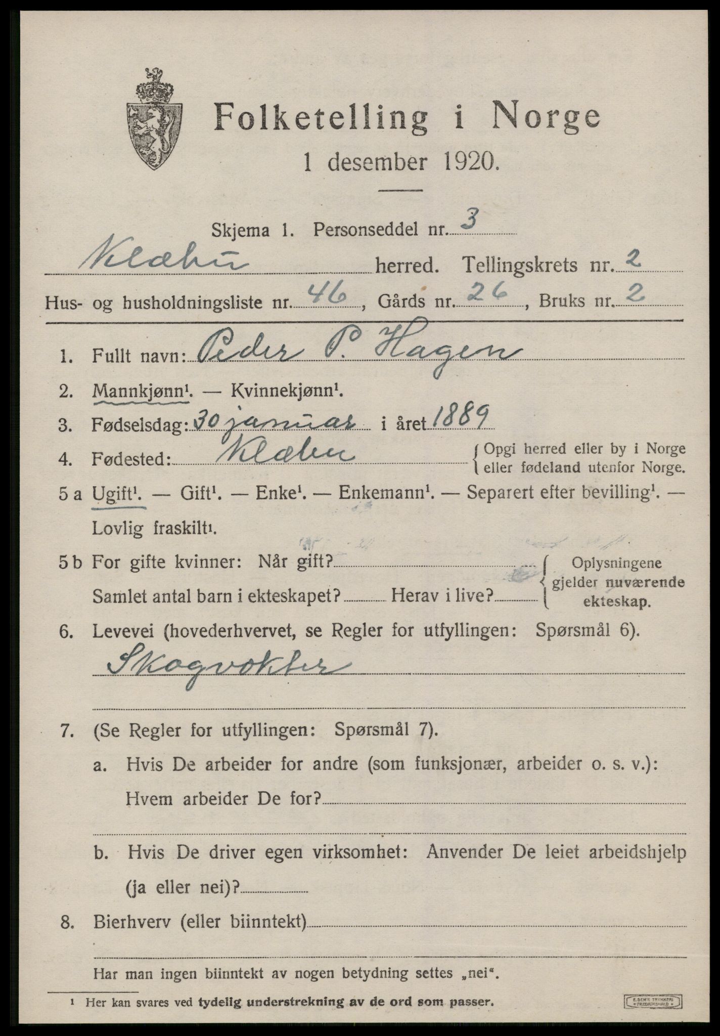 SAT, 1920 census for Klæbu, 1920, p. 1650