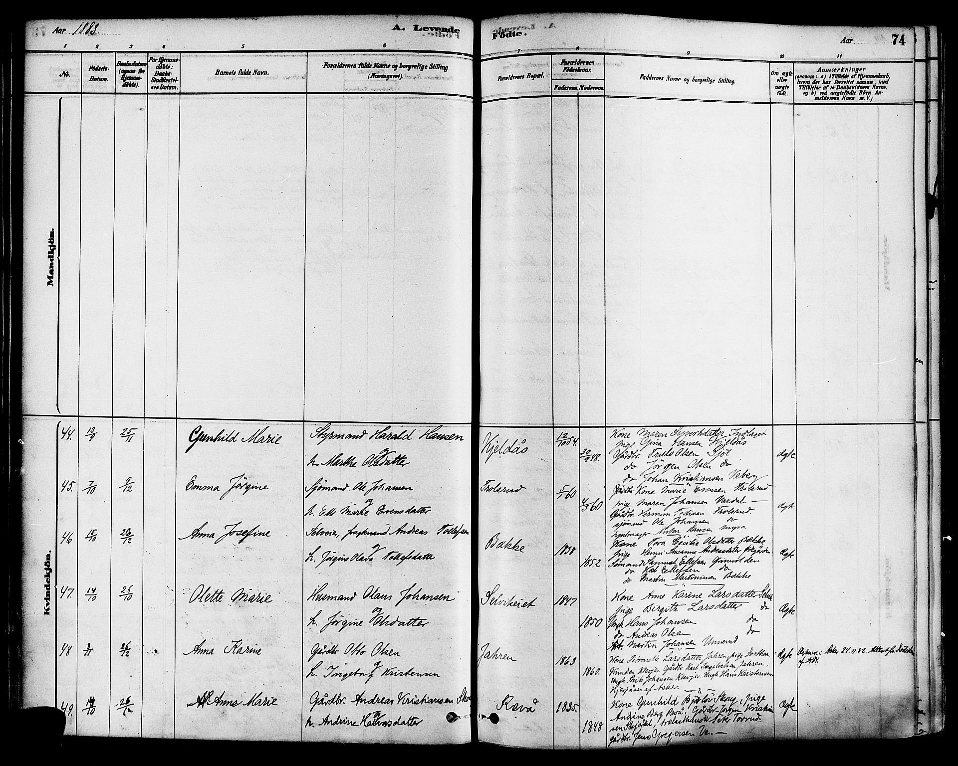 Sande Kirkebøker, SAKO/A-53/F/Fa/L0006: Parish register (official) no. 6, 1878-1888, p. 74
