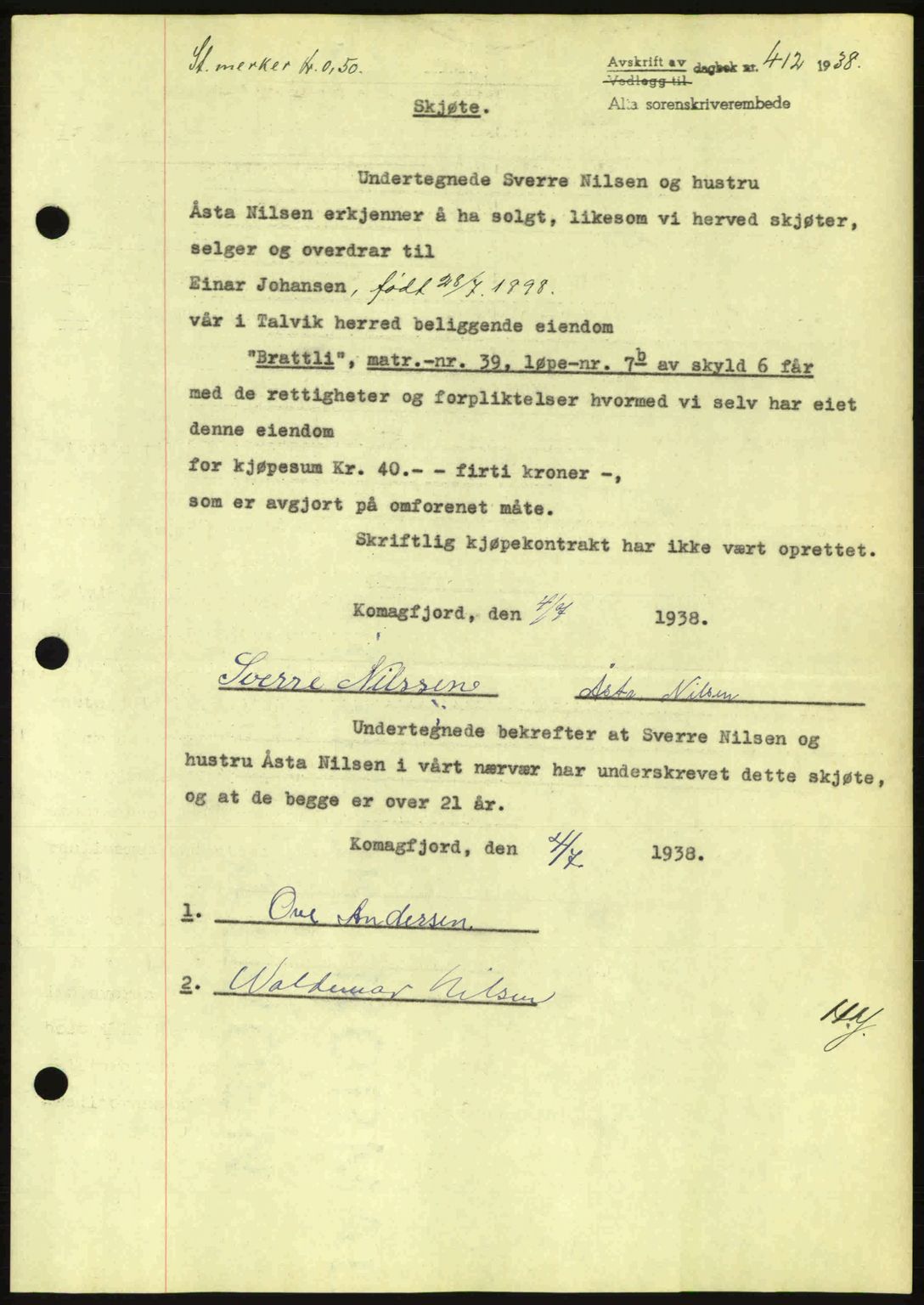 Alta fogderi/sorenskriveri, SATØ/SATØ-5/1/K/Kd/L0031pantebok: Mortgage book no. 31, 1938-1939, Diary no: : 412/1938