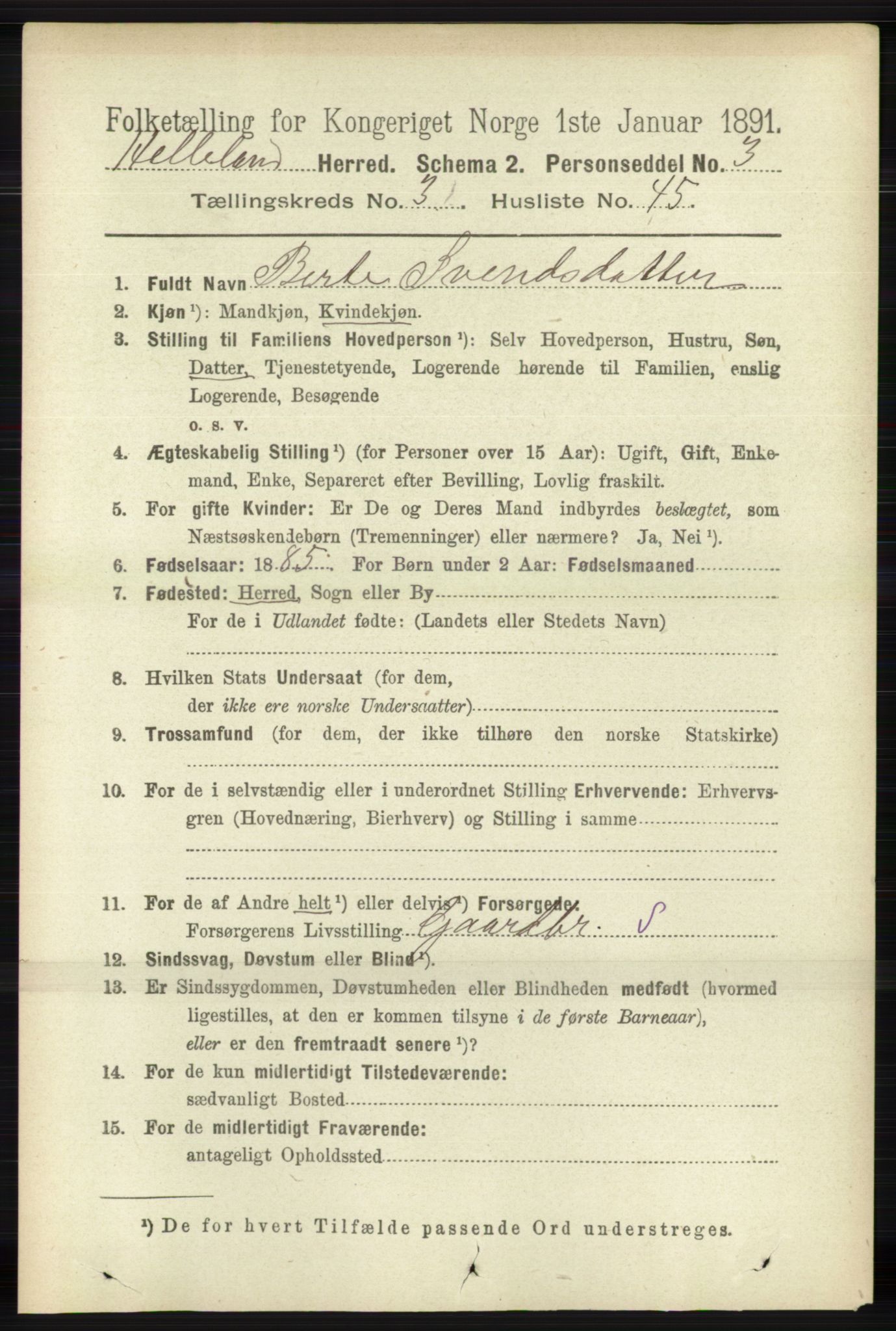 RA, 1891 census for 1115 Helleland, 1891, p. 1092