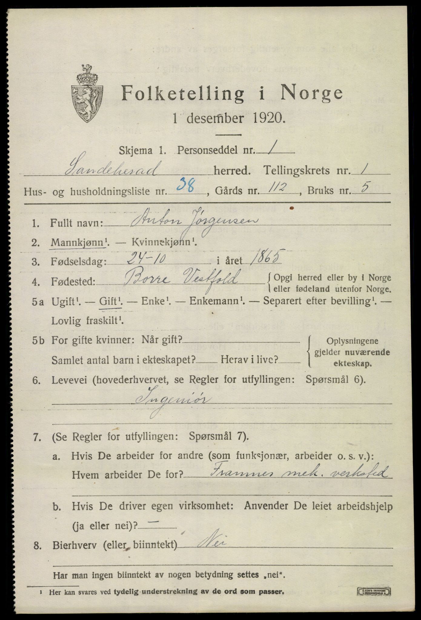 SAKO, 1920 census for Sandeherred, 1920, p. 16136