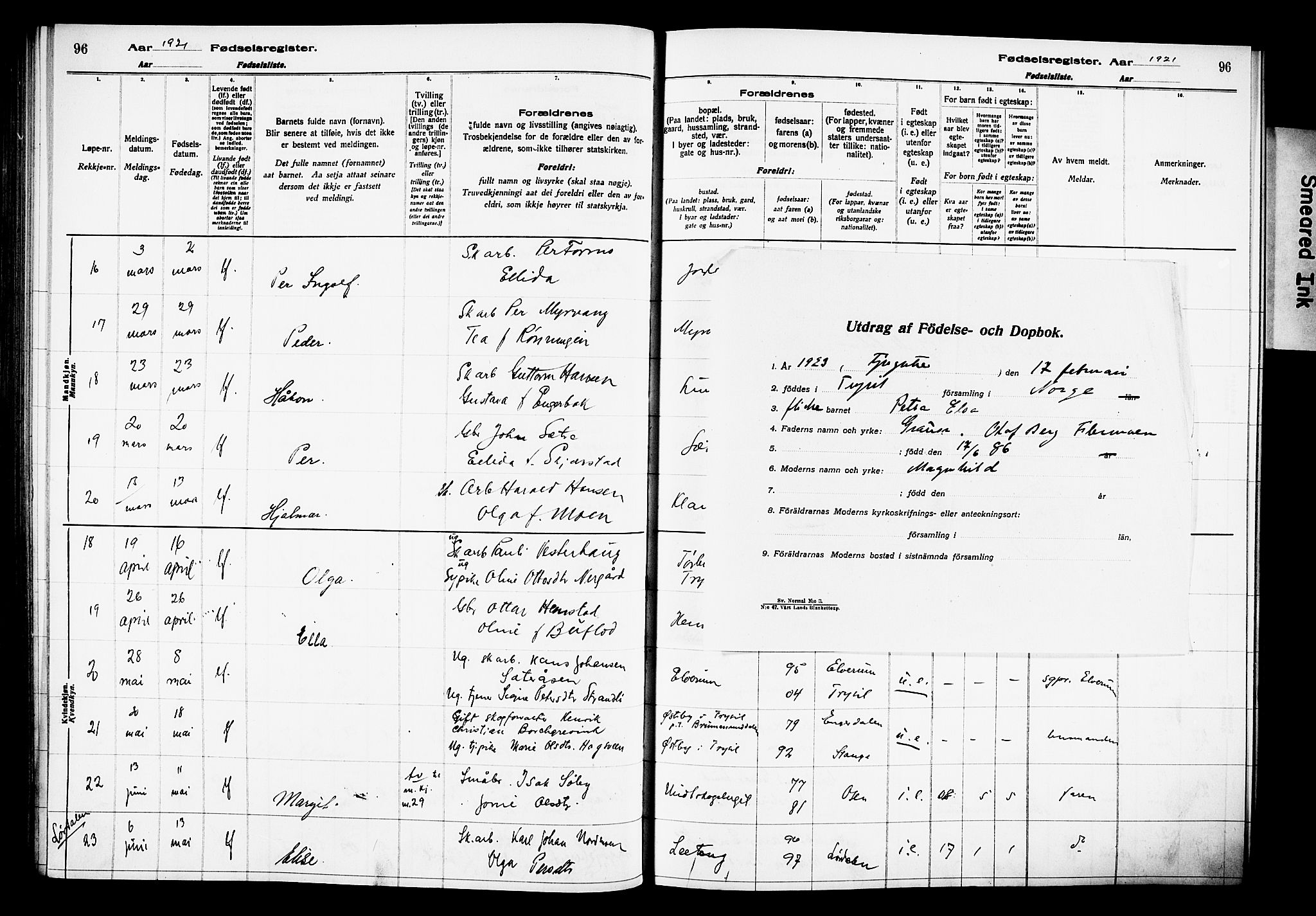 Trysil prestekontor, AV/SAH-PREST-046/I/Id/Ida/L0001: Birth register no. I 1, 1916-1927, p. 96