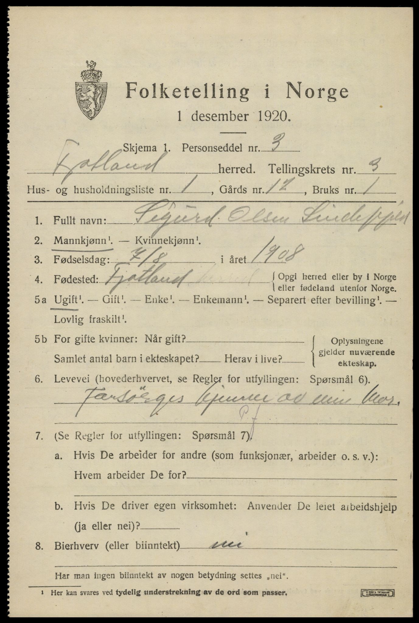 SAK, 1920 census for Fjotland, 1920, p. 934