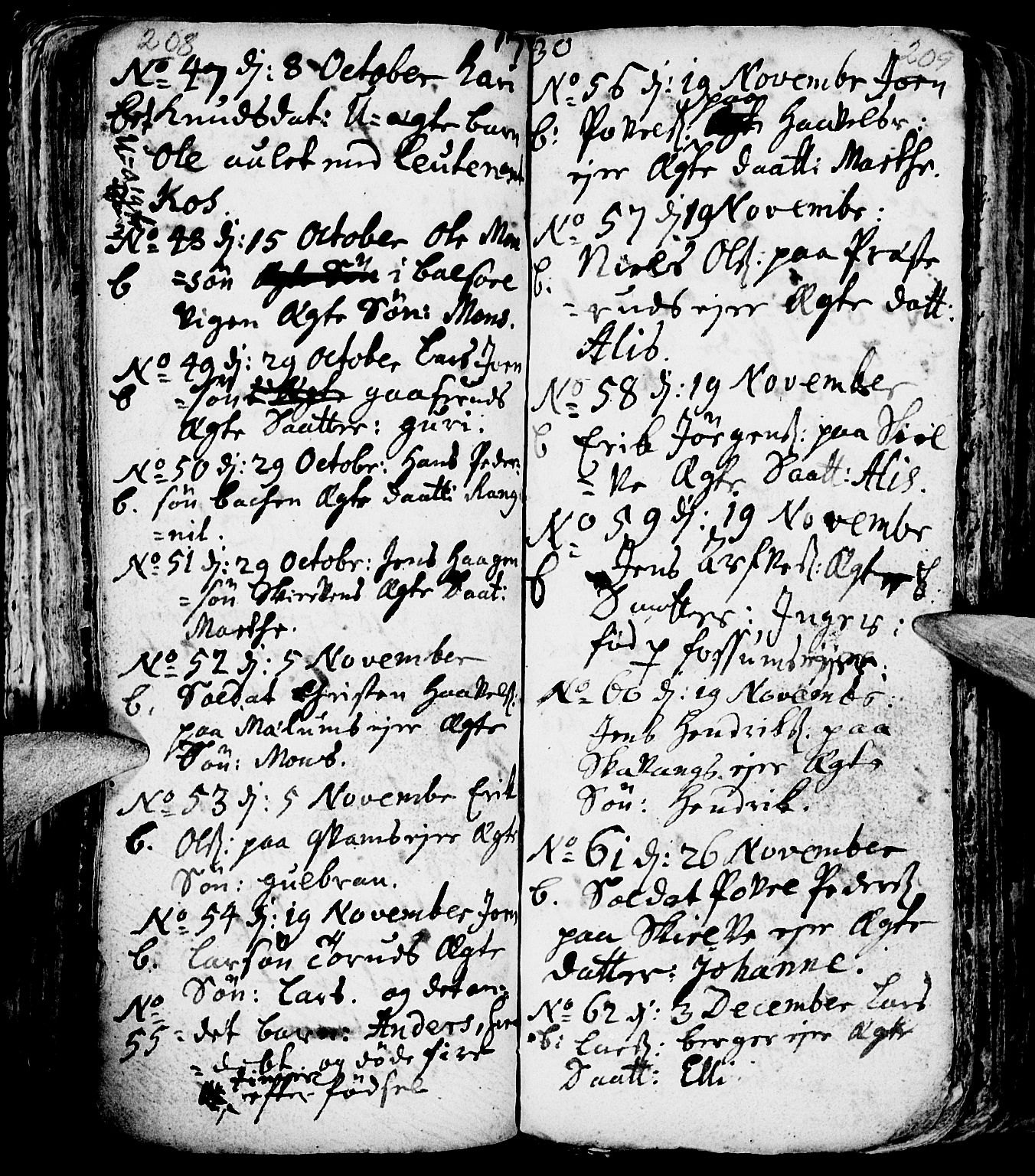 Nes prestekontor, Hedmark, AV/SAH-PREST-020/L/La/L0001: Parish register (copy) no. 1, 1663-1784, p. 208-209