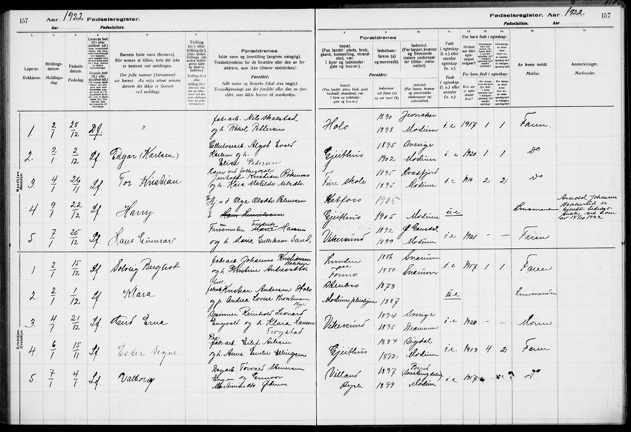 Modum kirkebøker, AV/SAKO-A-234/J/Ja/L0001: Birth register no. I 1, 1916-1923, p. 157