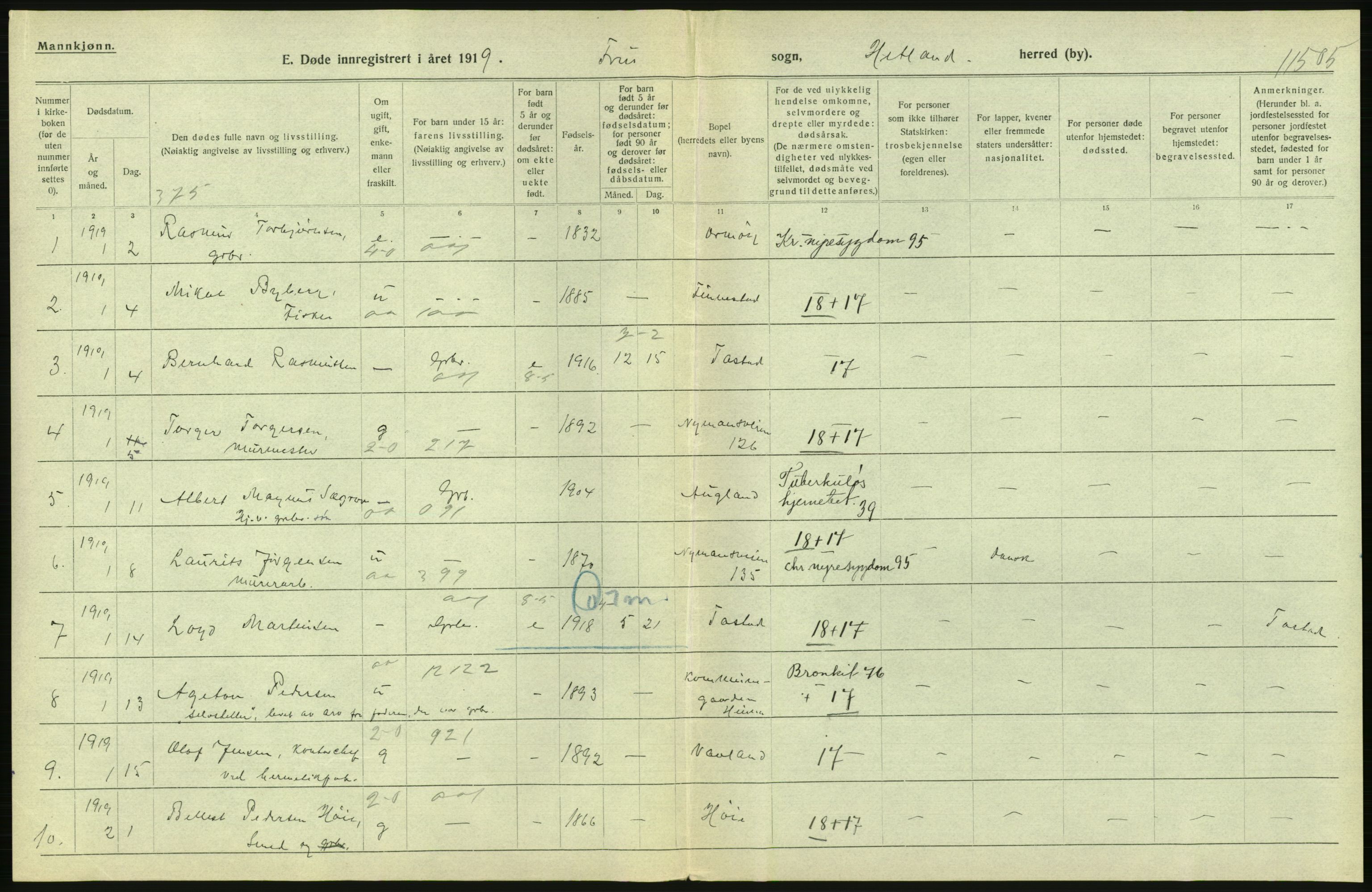 Statistisk sentralbyrå, Sosiodemografiske emner, Befolkning, AV/RA-S-2228/D/Df/Dfb/Dfbi/L0030: Rogaland fylke: Døde. Bygder og byer., 1919, p. 60