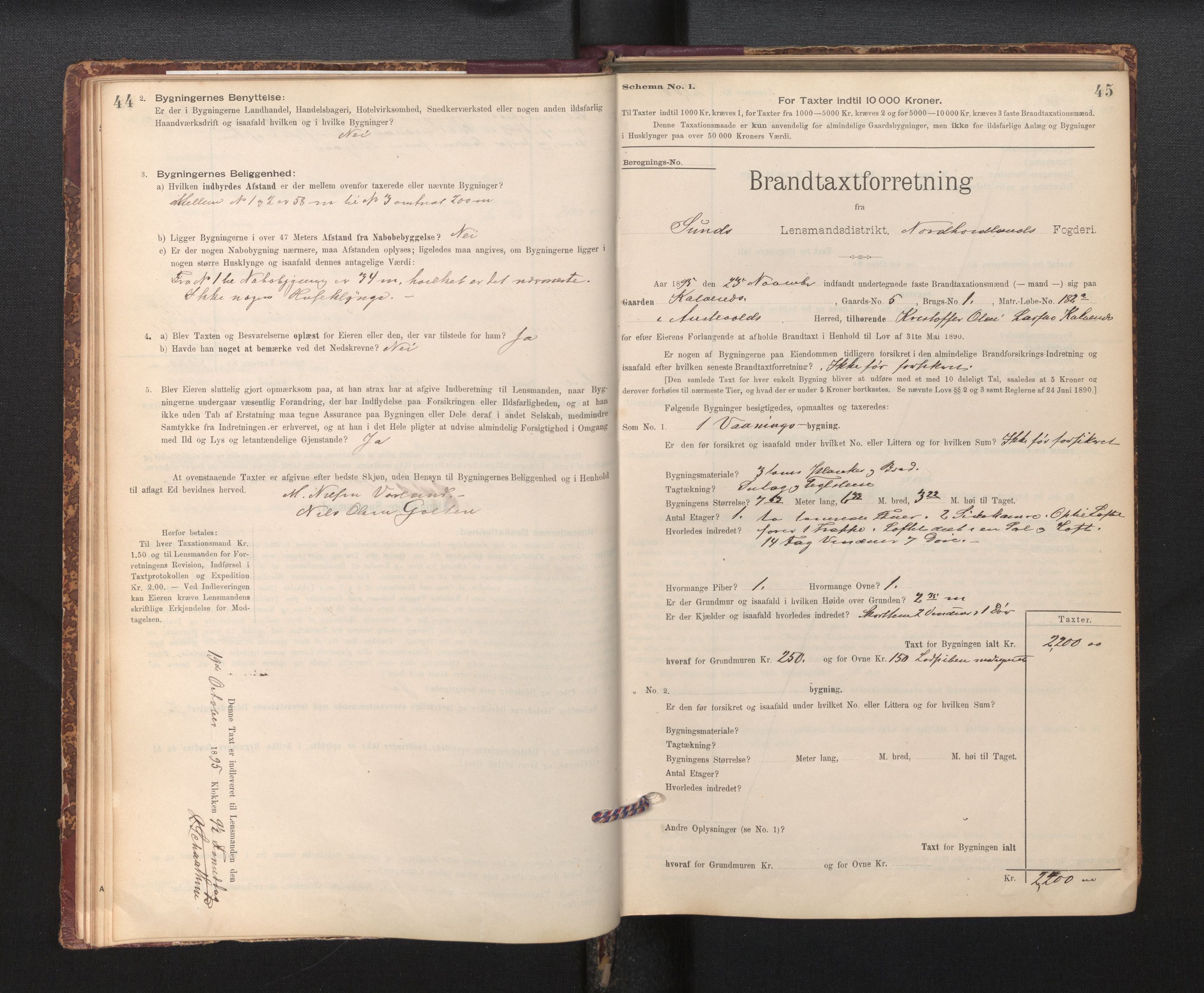 Lensmannen i Sund og Austevoll, AV/SAB-A-35201/0012/L0003: Branntakstprotokoll, skjematakst, 1894-1917, p. 44-45