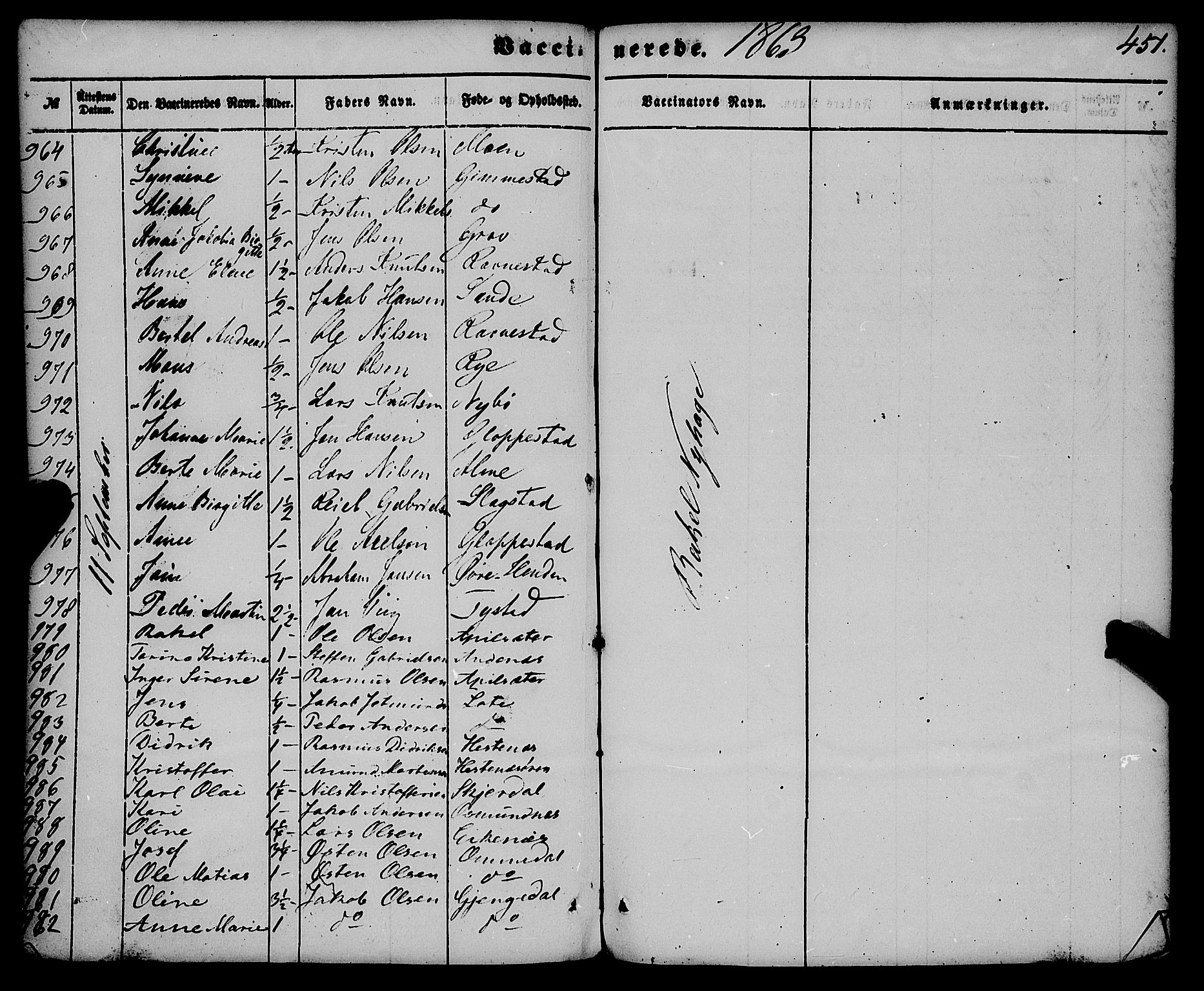 Gloppen sokneprestembete, SAB/A-80101/H/Haa/Haaa/L0009: Parish register (official) no. A 9, 1855-1870, p. 451