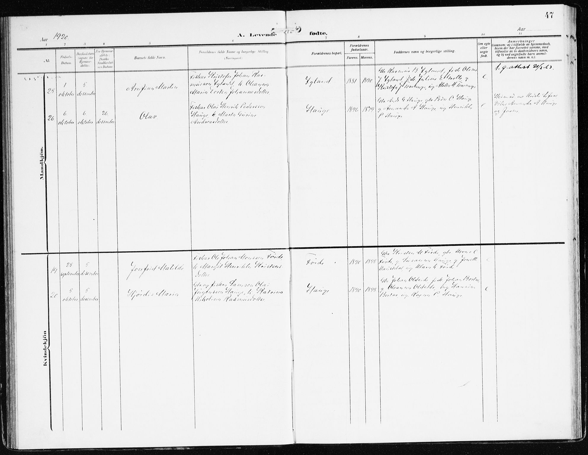 Bremanger sokneprestembete, AV/SAB-A-82201/H/Haa/Haac/L0001: Parish register (official) no. C 1, 1908-1921, p. 47