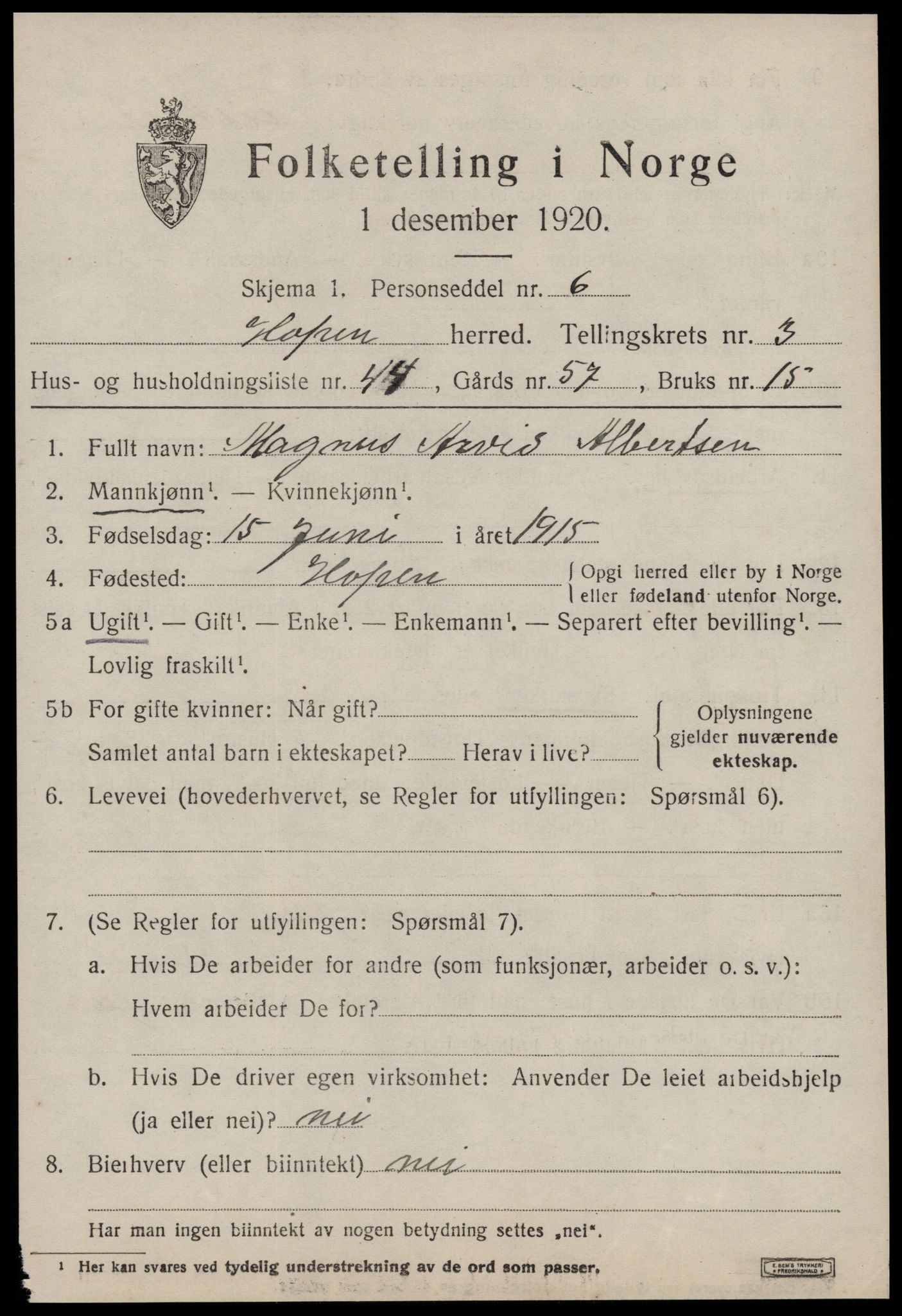 SAT, 1920 census for Hopen, 1920, p. 1990