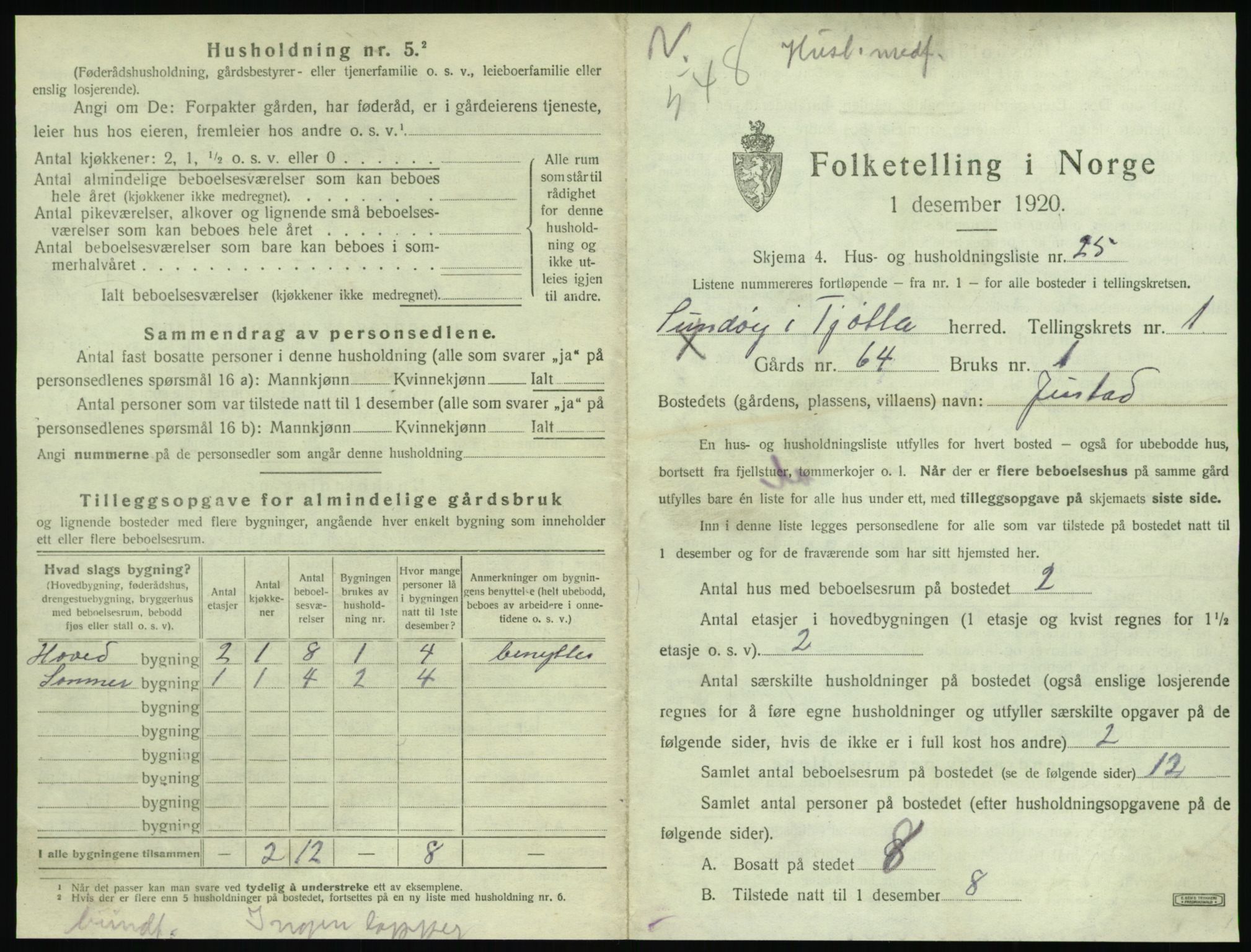 SAT, 1920 census for Tjøtta, 1920, p. 105