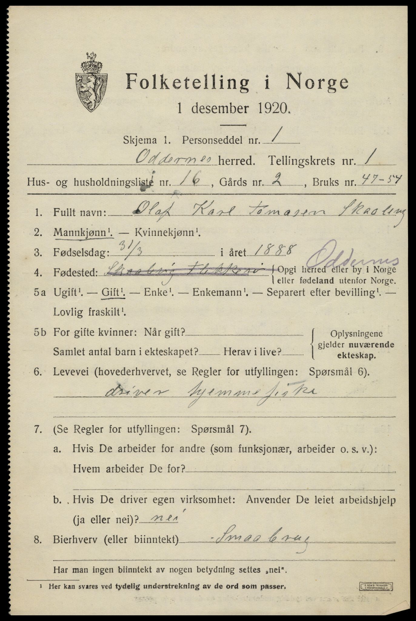 SAK, 1920 census for Oddernes, 1920, p. 2197