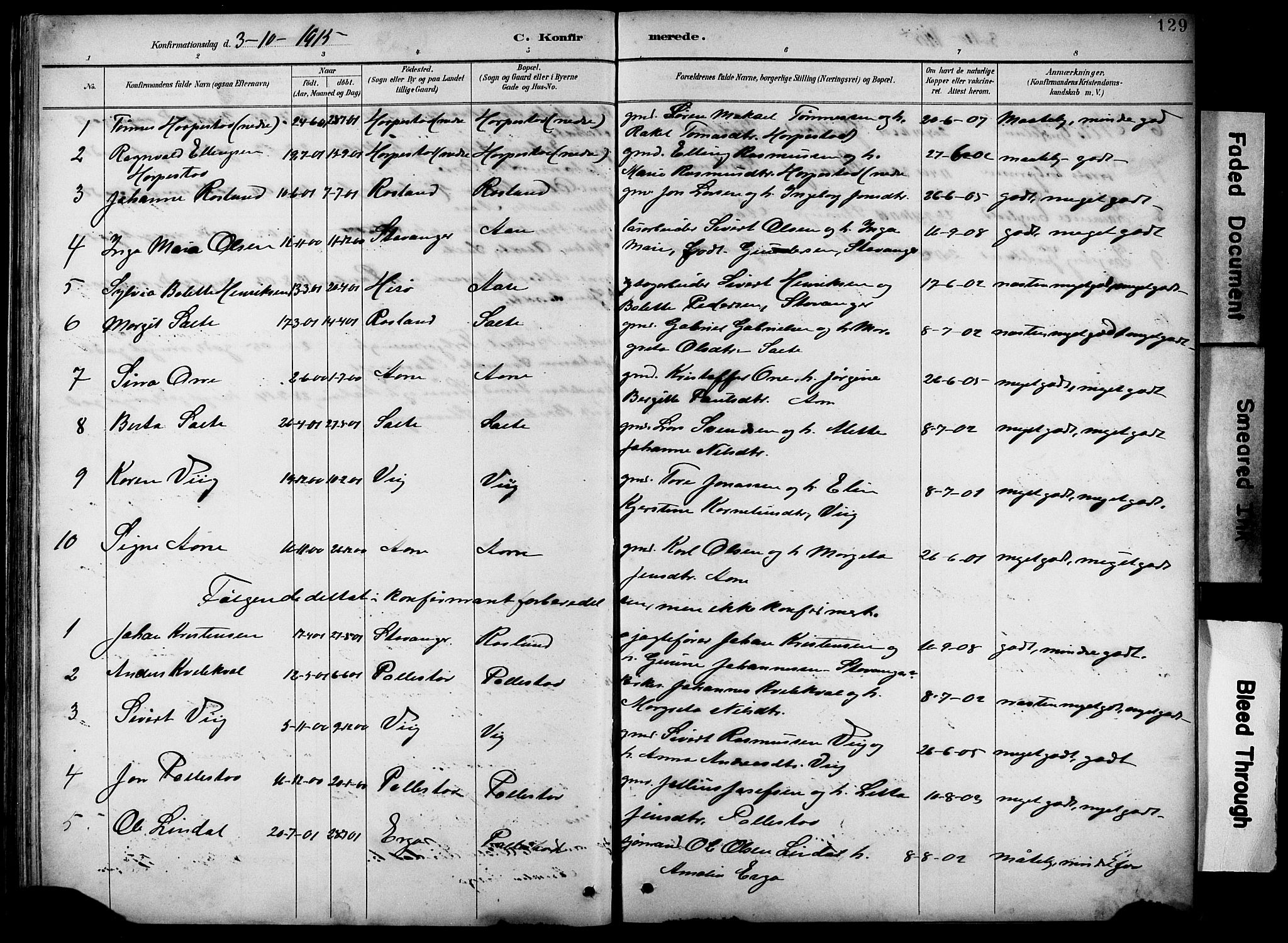 Klepp sokneprestkontor, SAST/A-101803/001/3/30BB/L0005: Parish register (copy) no. B 5, 1889-1918, p. 129