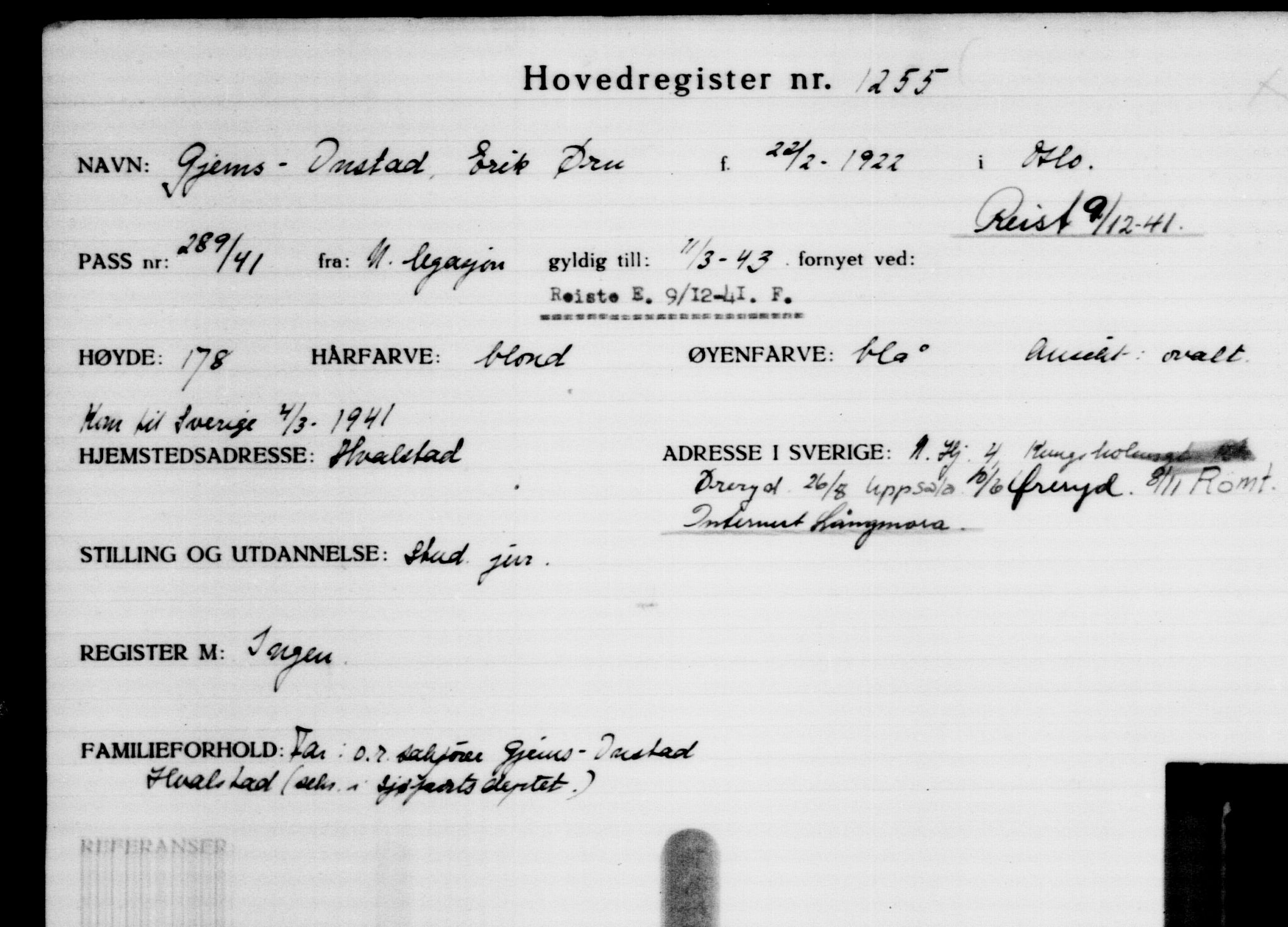 Utenriksstasjonene, Legasjonen i Stockholm, Flyktningkontoret, AV/RA-S-6753/V/Va/L0002: Kjesäterkartoteket, flyktninger med registreringsnr. 1001-2000, 1940-1945, p. 374