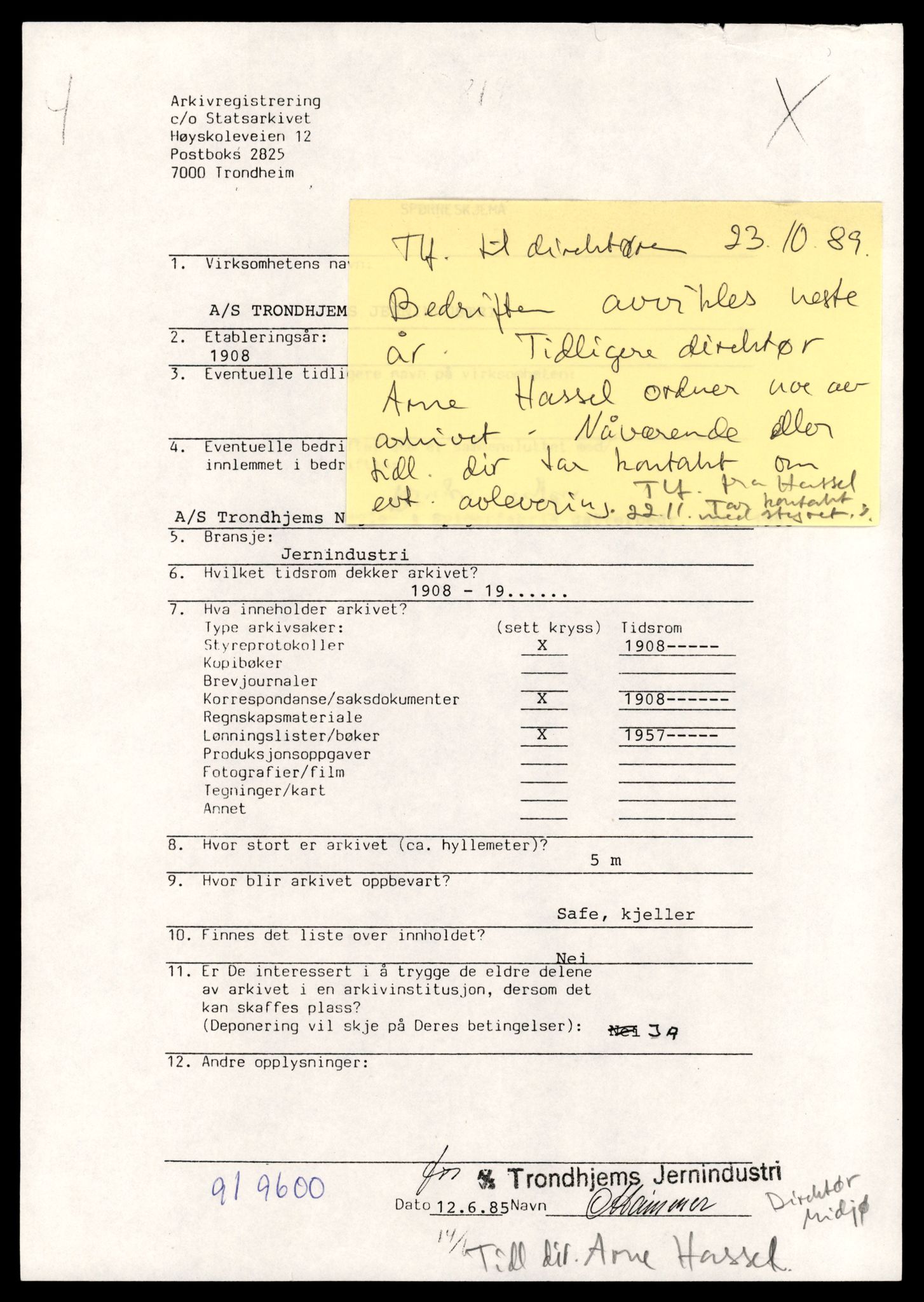 Statsarkivet i Trondheim, AV/SAT-A-4183/E/Ec/Ecb/L0007: Bedrifts-/privatarkivregistrering, 1982-1998, p. 5