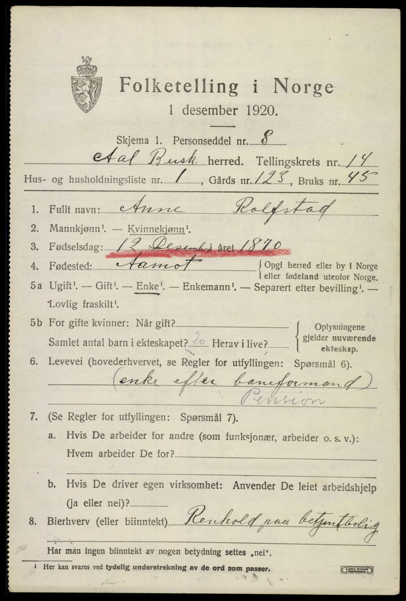 SAKO, 1920 census for Ål, 1920, p. 8080