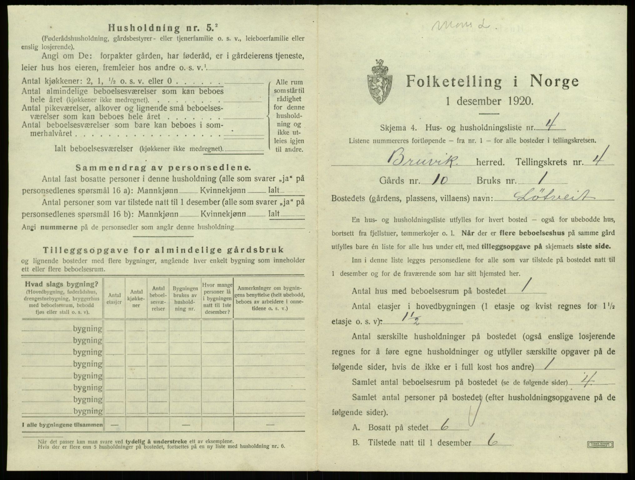 SAB, 1920 census for Bruvik, 1920, p. 244