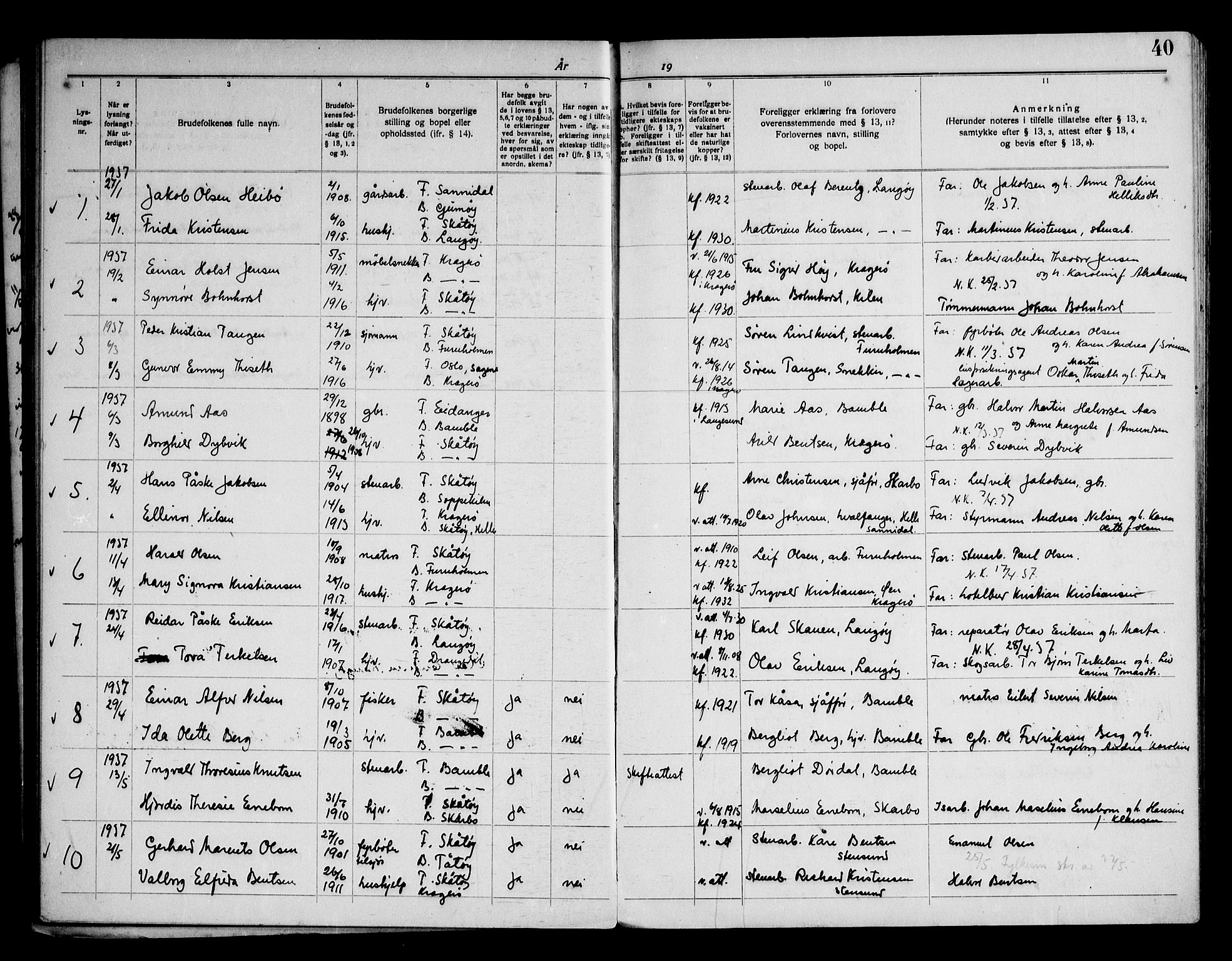 Skåtøy kirkebøker, AV/SAKO-A-304/H/Ha/L0001: Banns register no. 1, 1919-1961, p. 40