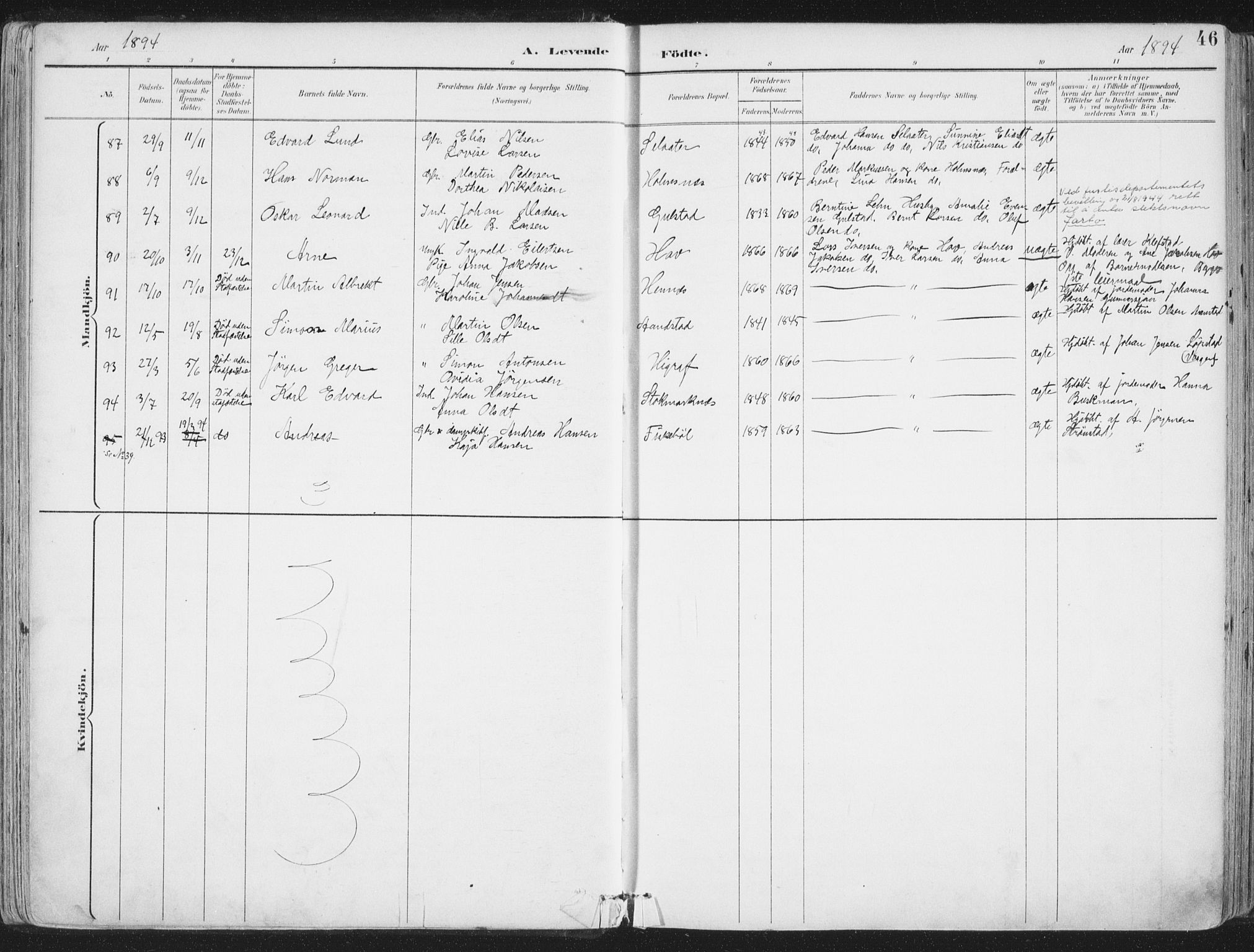 Ministerialprotokoller, klokkerbøker og fødselsregistre - Nordland, AV/SAT-A-1459/888/L1246: Parish register (official) no. 888A12, 1891-1903, p. 46