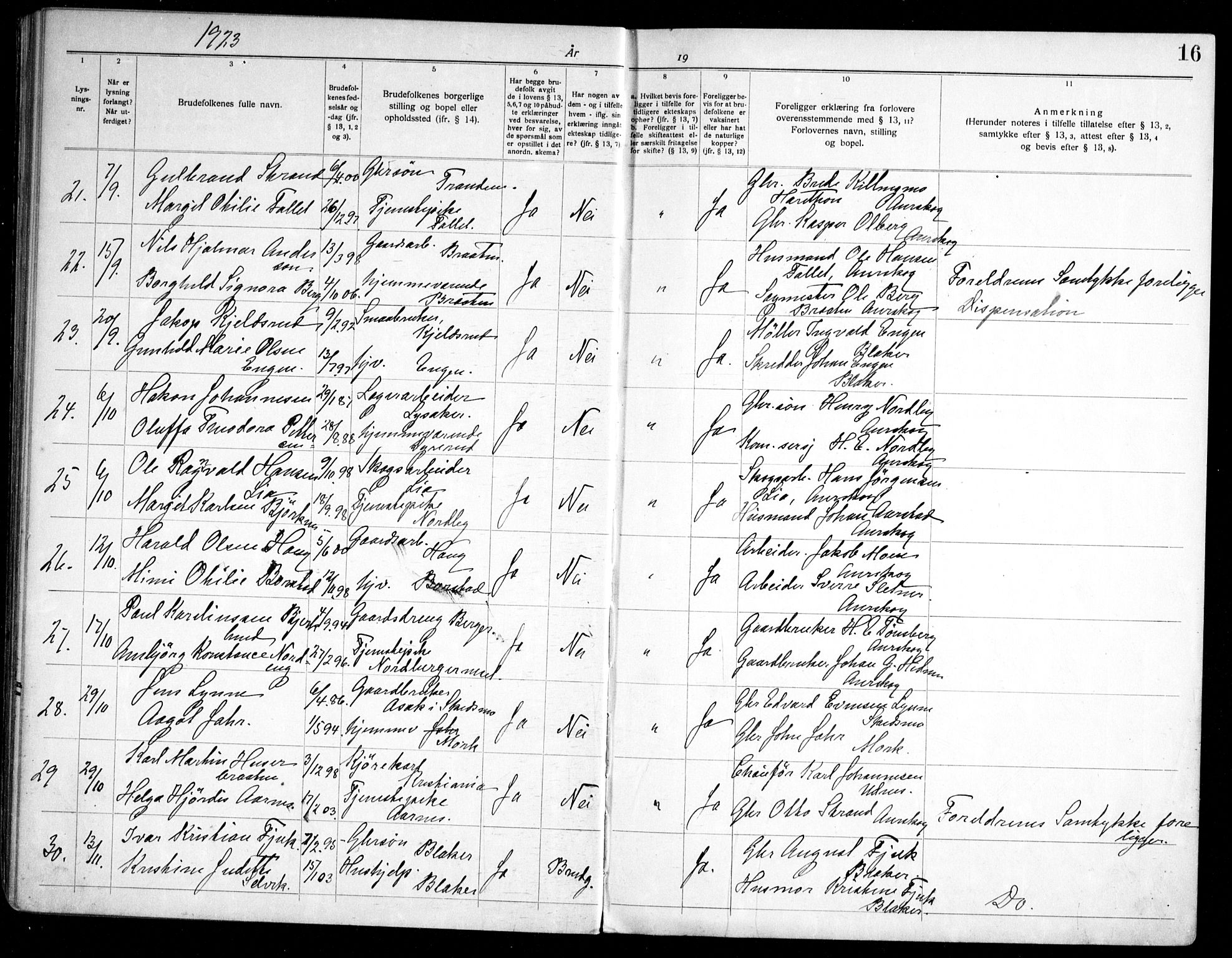 Aurskog prestekontor Kirkebøker, SAO/A-10304a/H/Ha/L0002: Banns register no. 2, 1919-1947, p. 16