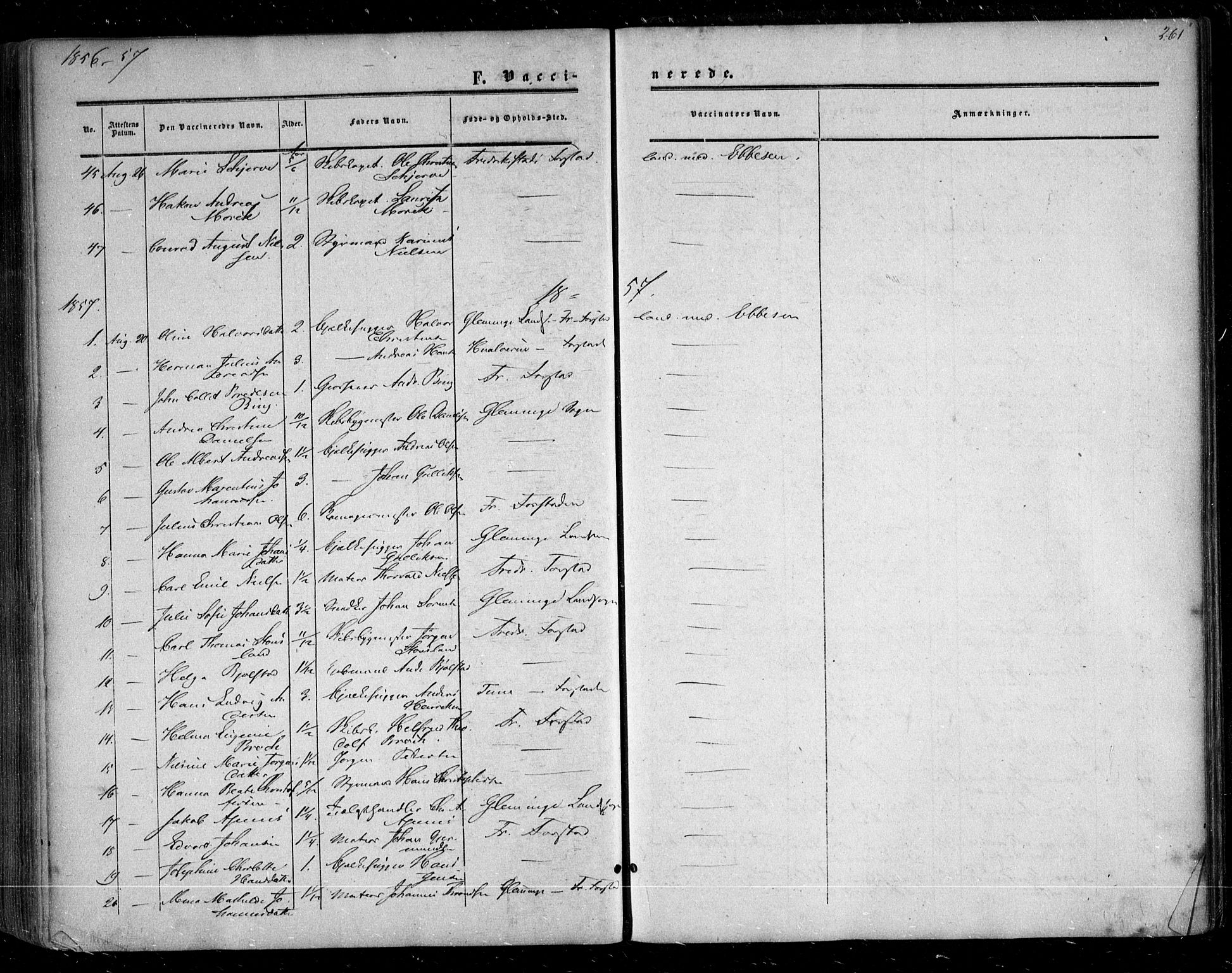 Glemmen prestekontor Kirkebøker, SAO/A-10908/F/Fa/L0007: Parish register (official) no. 7, 1853-1862, p. 261