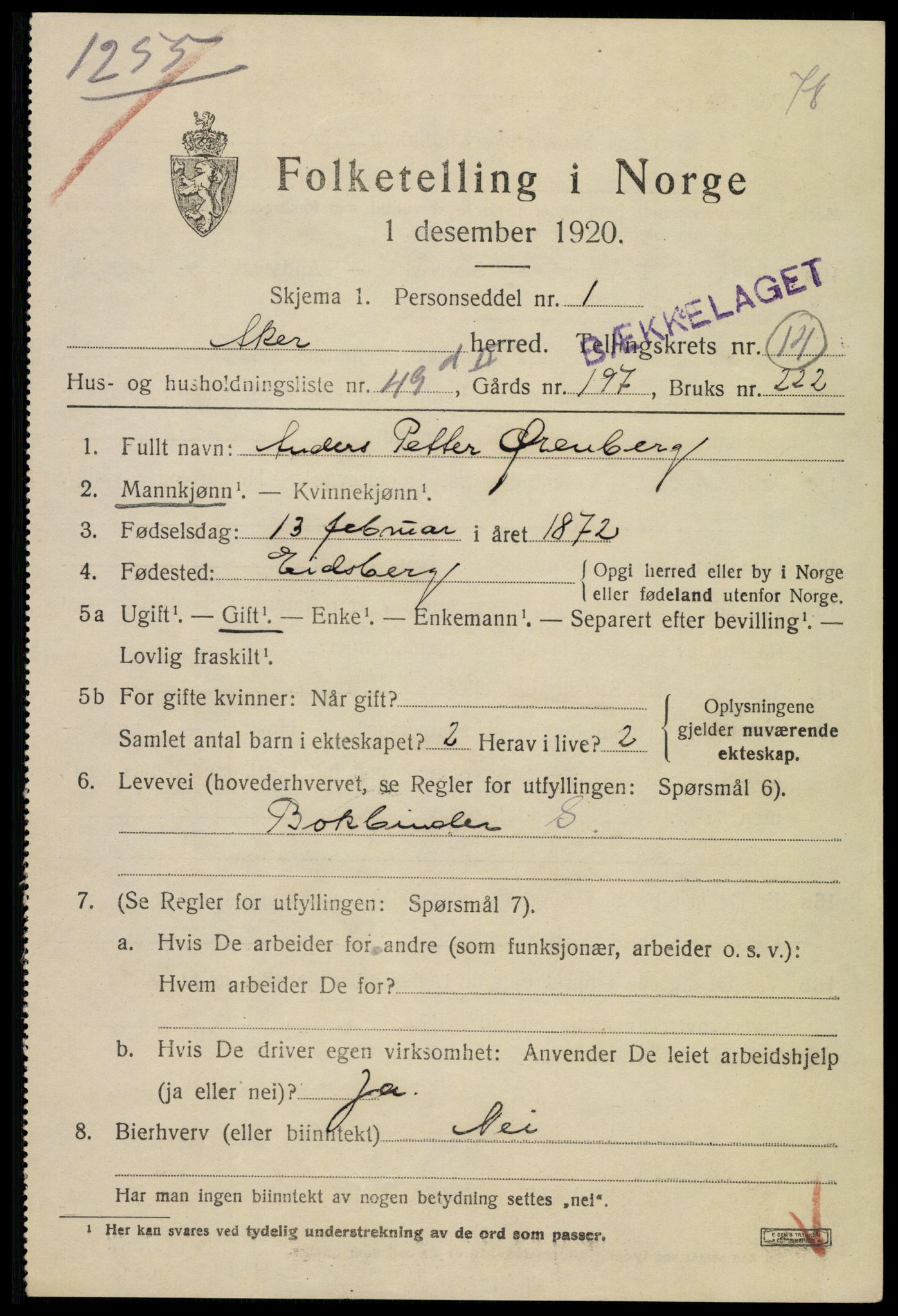 SAO, 1920 census for Aker, 1920, p. 85798