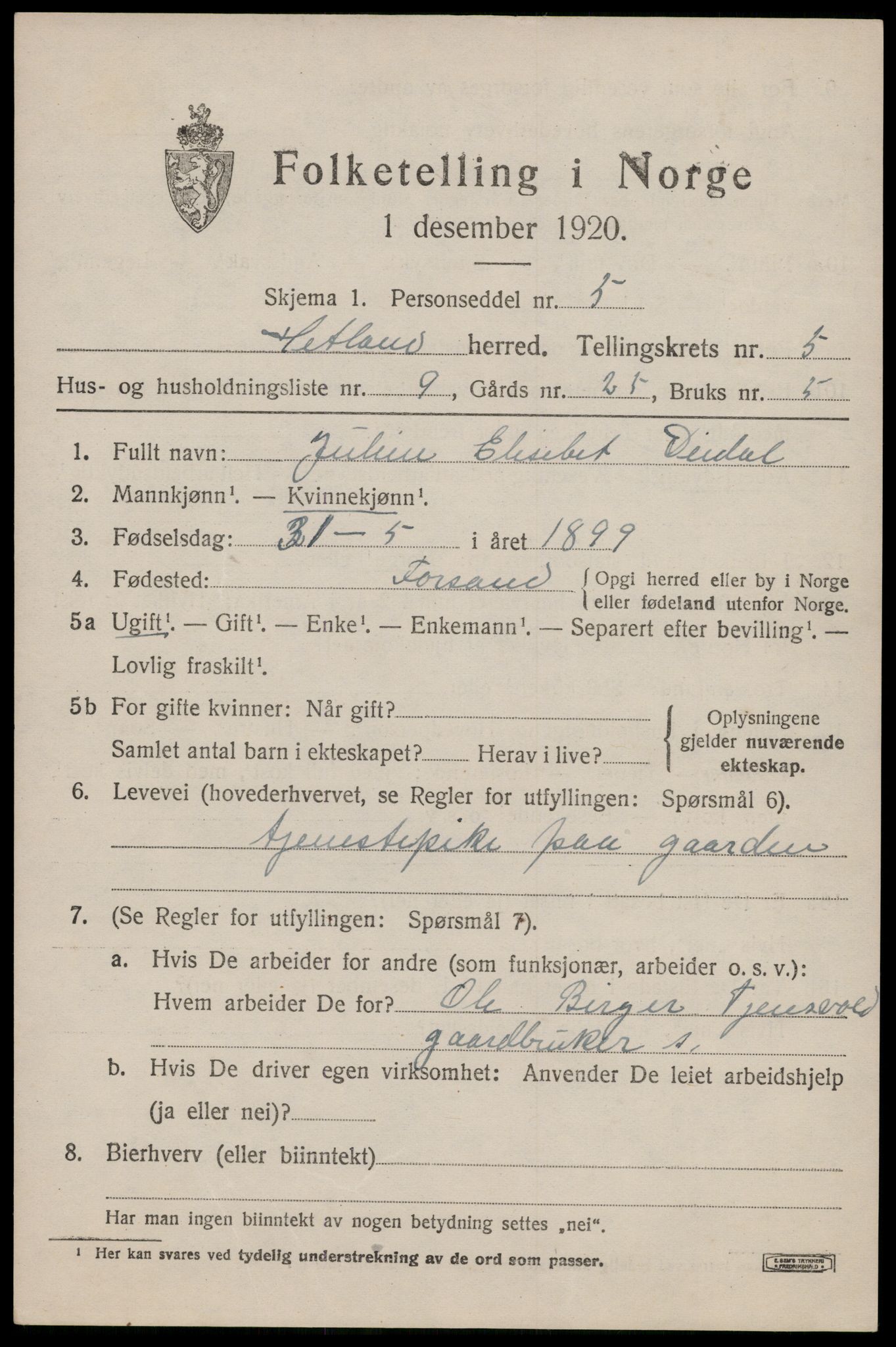 SAST, 1920 census for Hetland, 1920, p. 8485