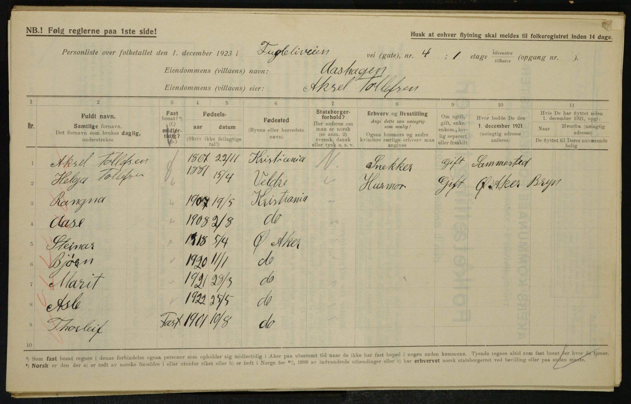 , Municipal Census 1923 for Aker, 1923, p. 24559