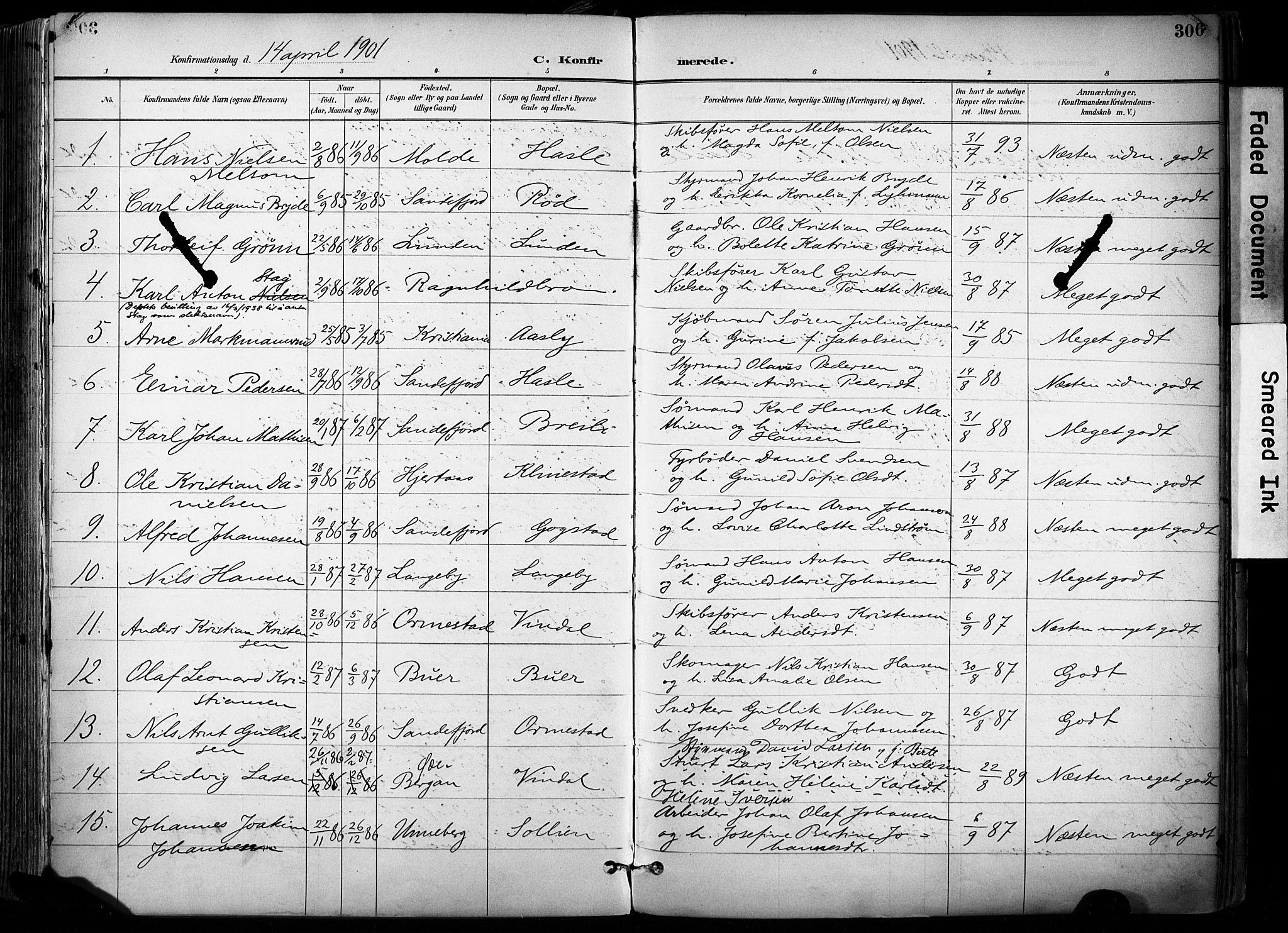 Sandar kirkebøker, AV/SAKO-A-243/F/Fa/L0014: Parish register (official) no. 14, 1896-1909, p. 306
