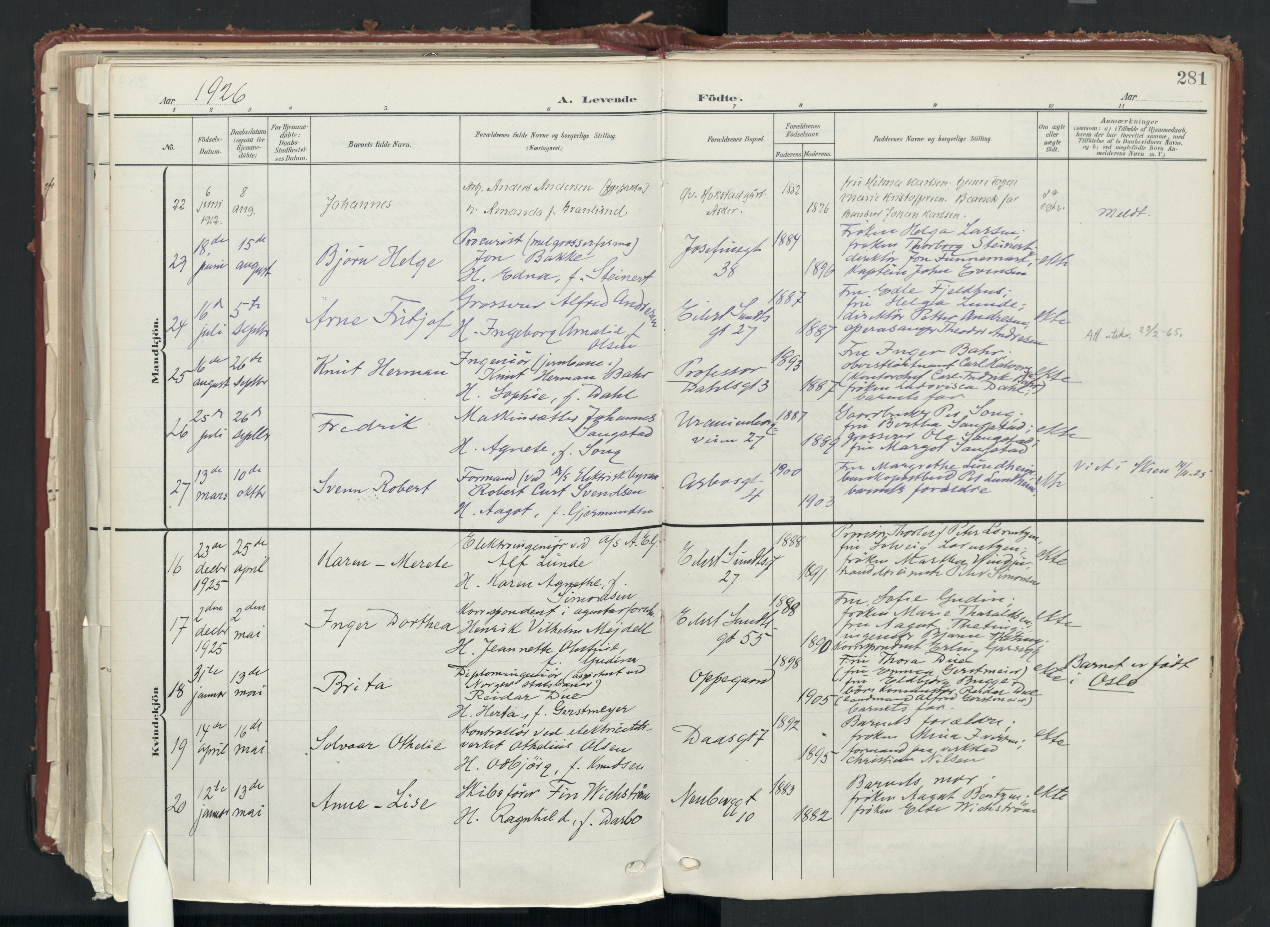 Uranienborg prestekontor Kirkebøker, AV/SAO-A-10877/F/Fa/L0010: Parish register (official) no. 10, 1907-1928, p. 281