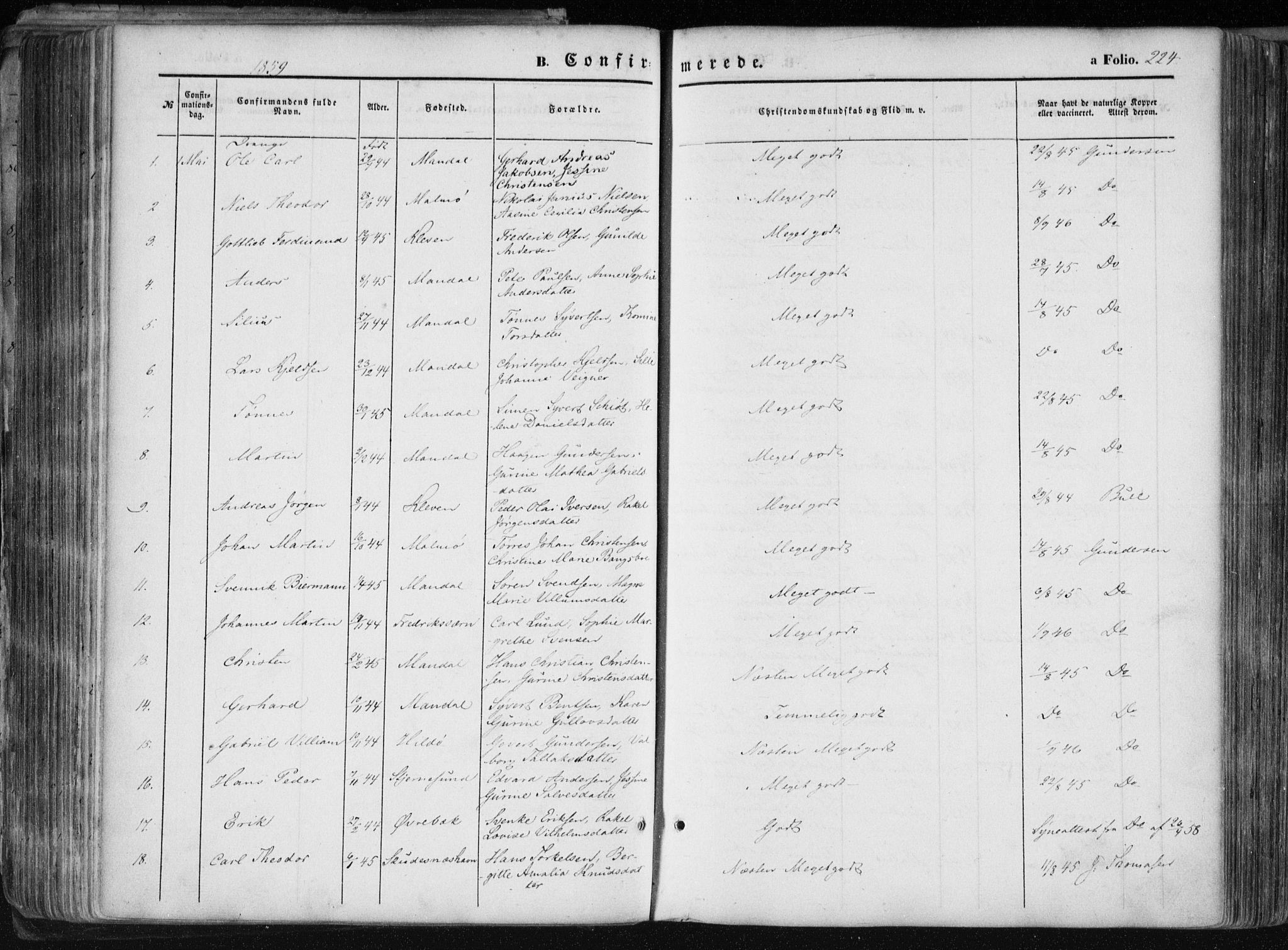 Mandal sokneprestkontor, SAK/1111-0030/F/Fa/Faa/L0014: Parish register (official) no. A 14, 1859-1872, p. 224