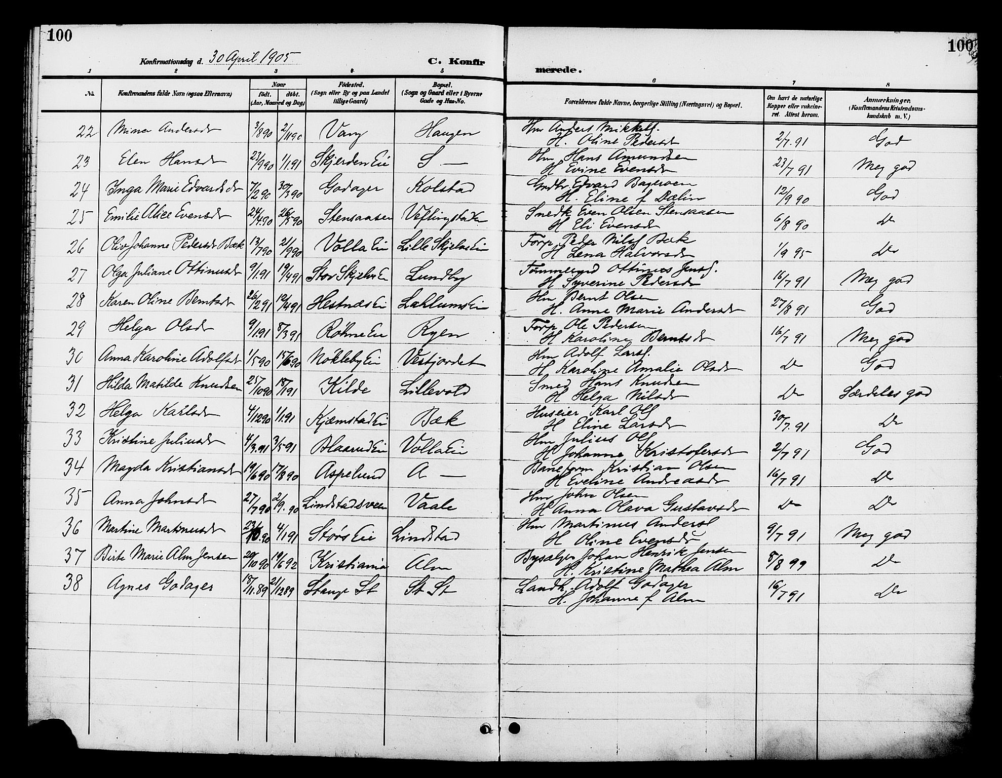 Stange prestekontor, AV/SAH-PREST-002/L/L0012: Parish register (copy) no. 12, 1900-1908, p. 100