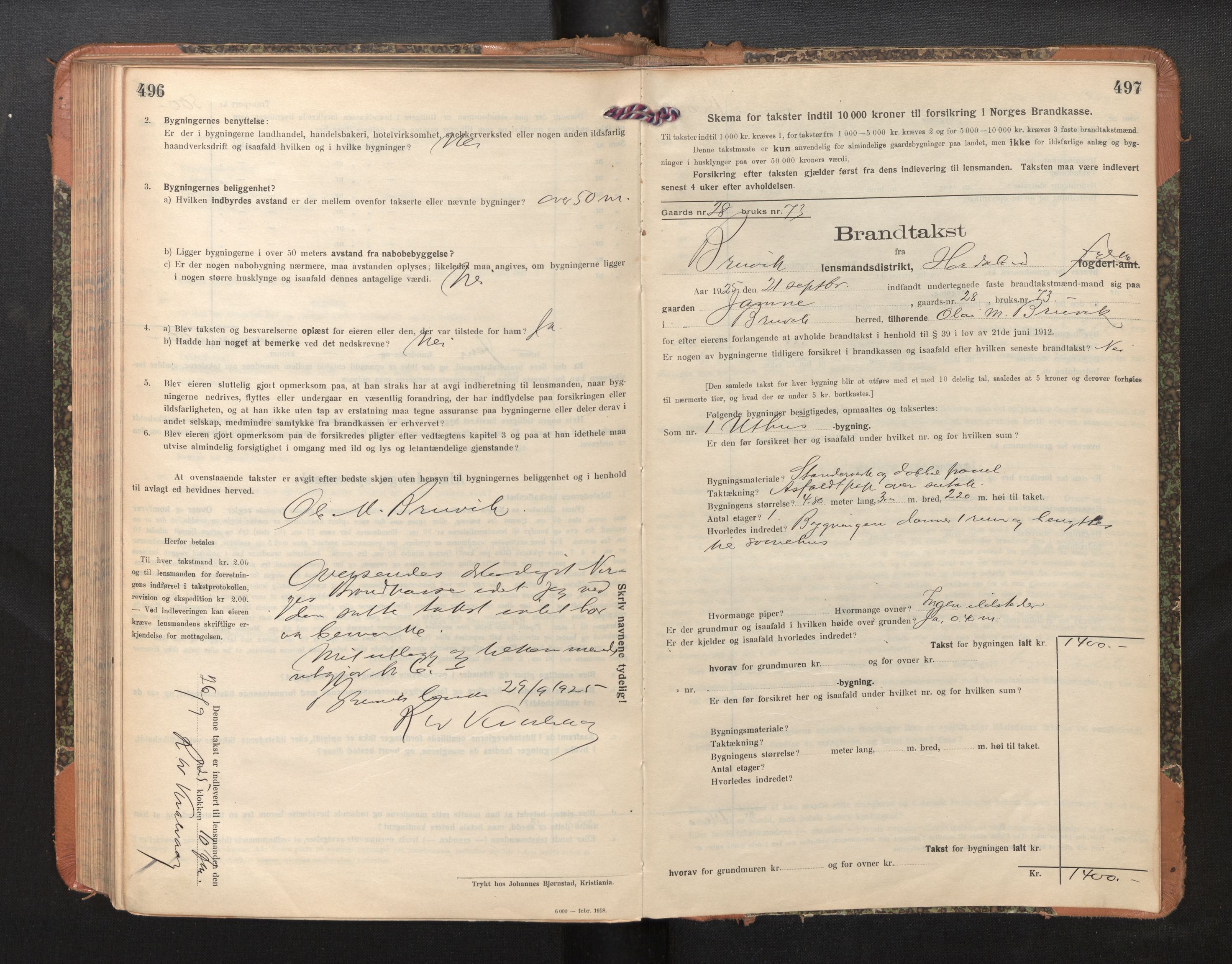 Lensmannen i Bruvik, SAB/A-31301/0012/L0009: Branntakstprotokoll, skjematakst, 1918-1925, p. 496-497
