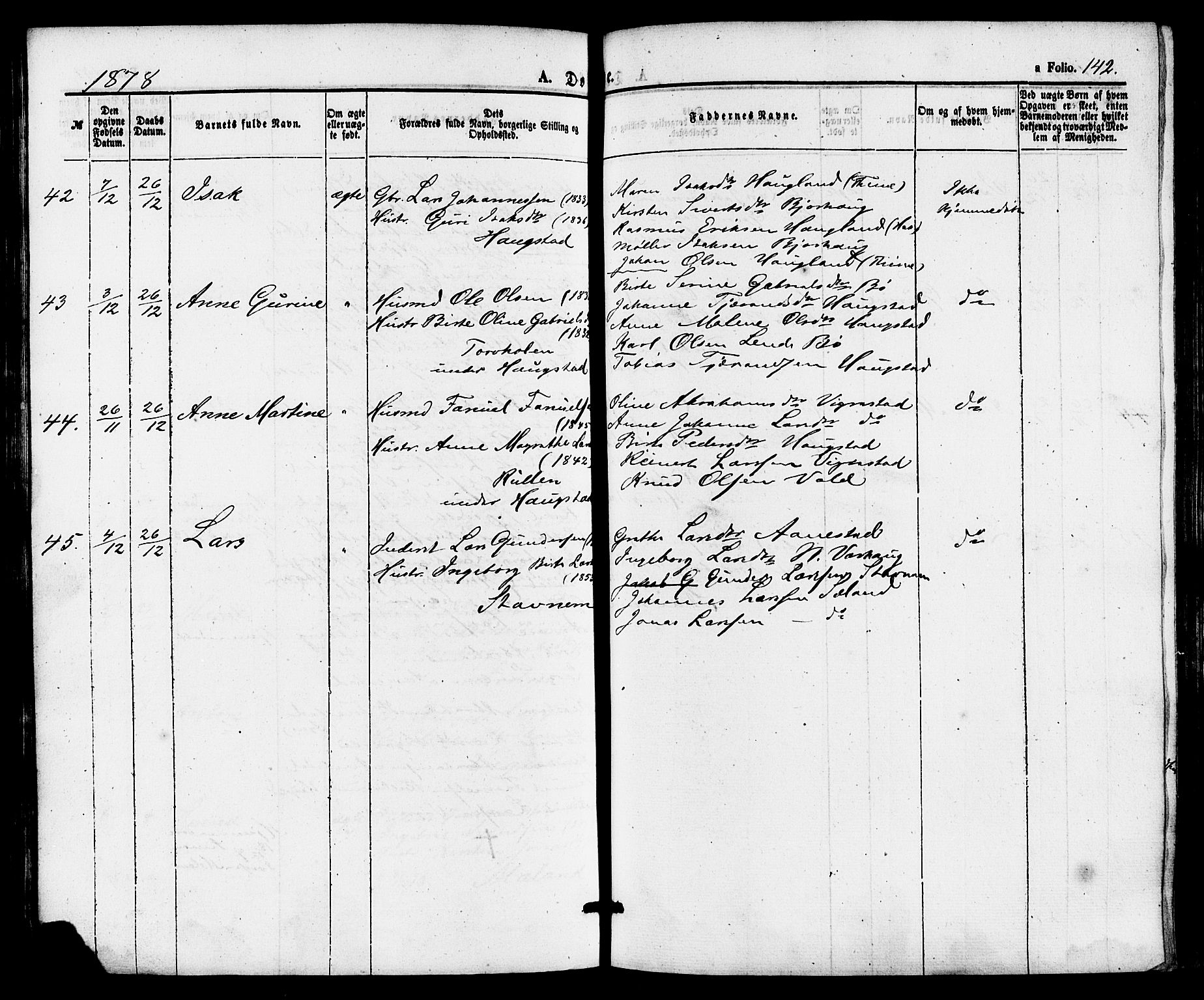 Hå sokneprestkontor, AV/SAST-A-101801/001/30BA/L0009: Parish register (official) no. A 8, 1855-1878, p. 142