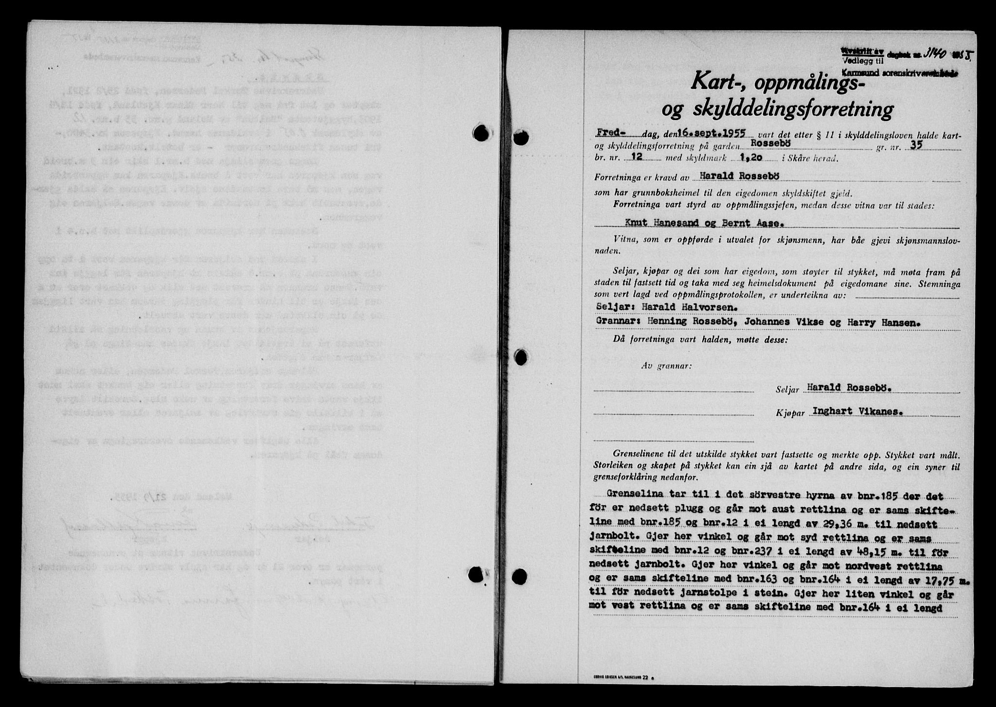 Karmsund sorenskriveri, SAST/A-100311/01/II/IIB/L0117: Mortgage book no. 97Aa, 1955-1955, Diary no: : 3140/1955