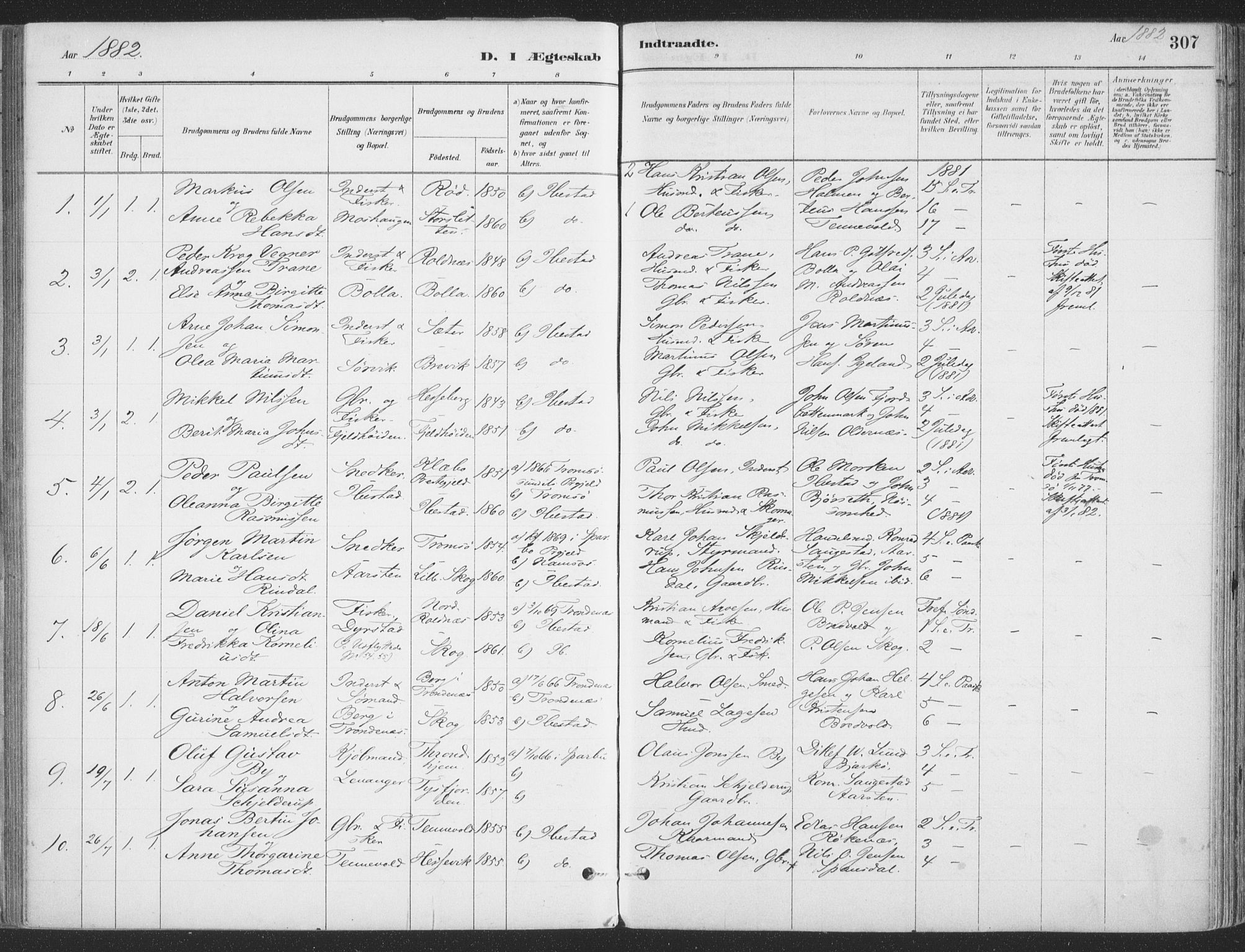 Ibestad sokneprestembete, SATØ/S-0077/H/Ha/Haa/L0011kirke: Parish register (official) no. 11, 1880-1889, p. 307