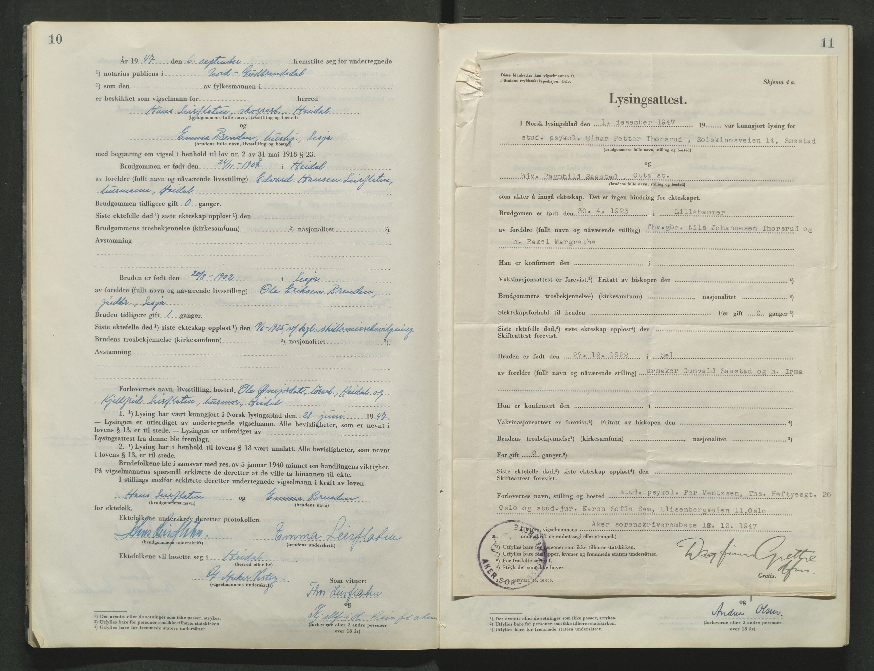 Nord-Gudbrandsdal tingrett, SAH/TING-002/L/Lc/L0001/0004: Vigselsprotokoller / Vigselsprotokoll, 1945-1970, p. 10-11