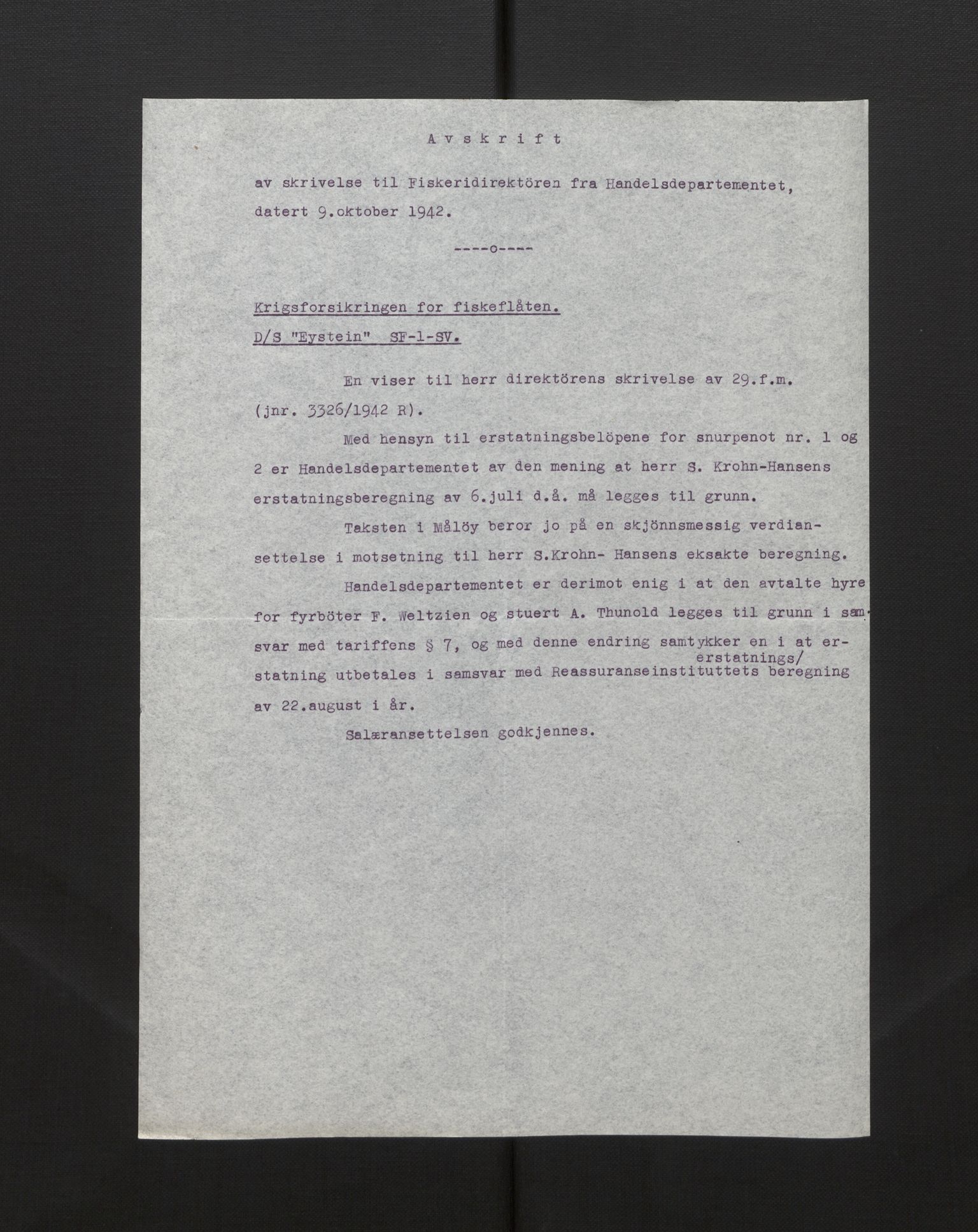 Fiskeridirektoratet - 1 Adm. ledelse - 13 Båtkontoret, AV/SAB-A-2003/La/L0058: Statens krigsforsikring for fiskeflåten, 1936-1971, p. 74