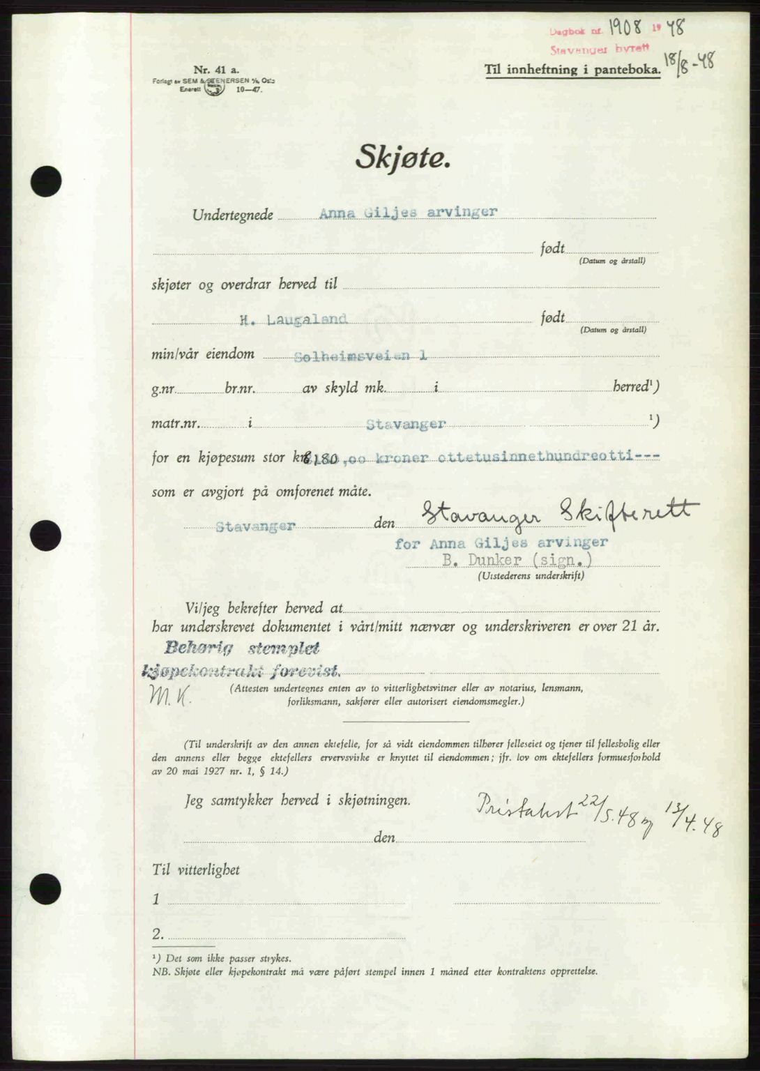 Stavanger byrett, SAST/A-100455/002/G/Gb/L0022: Mortgage book no. A11, 1947-1948, Diary no: : 1908/1948