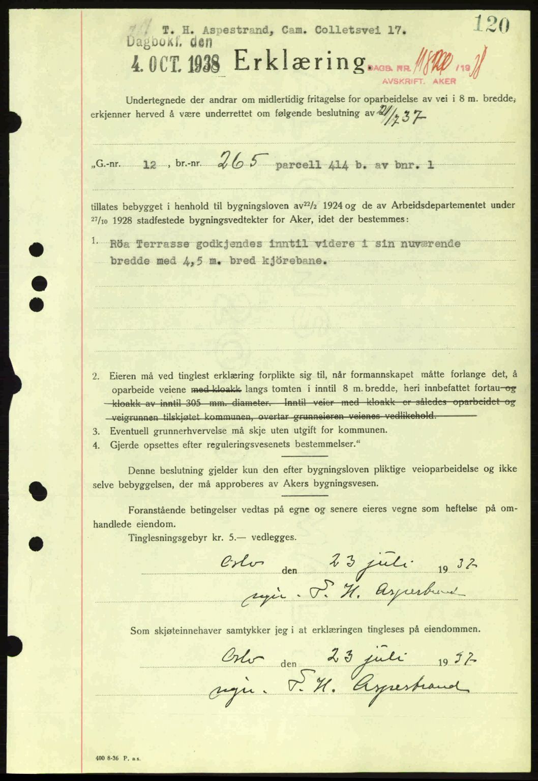 Aker herredsskriveri, SAO/A-10896/G/Gb/Gba/Gbab/L0025: Mortgage book no. A154-155, 1938-1938, Diary no: : 11820/1938