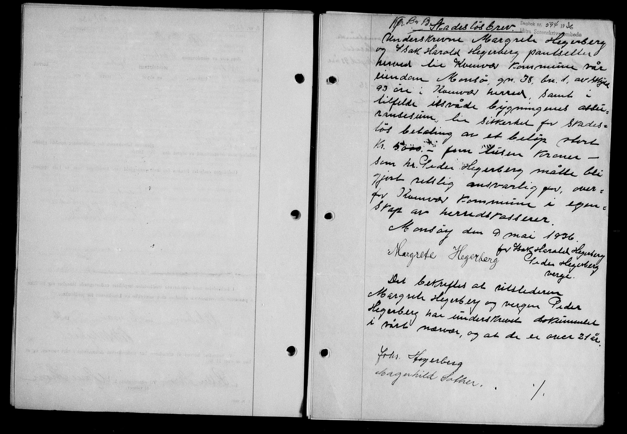 Hitra sorenskriveri, AV/SAT-A-0018/2/2C/2Ca/L0028: Mortgage book no. B-1, 1936-1939, Diary no: : 594/1936