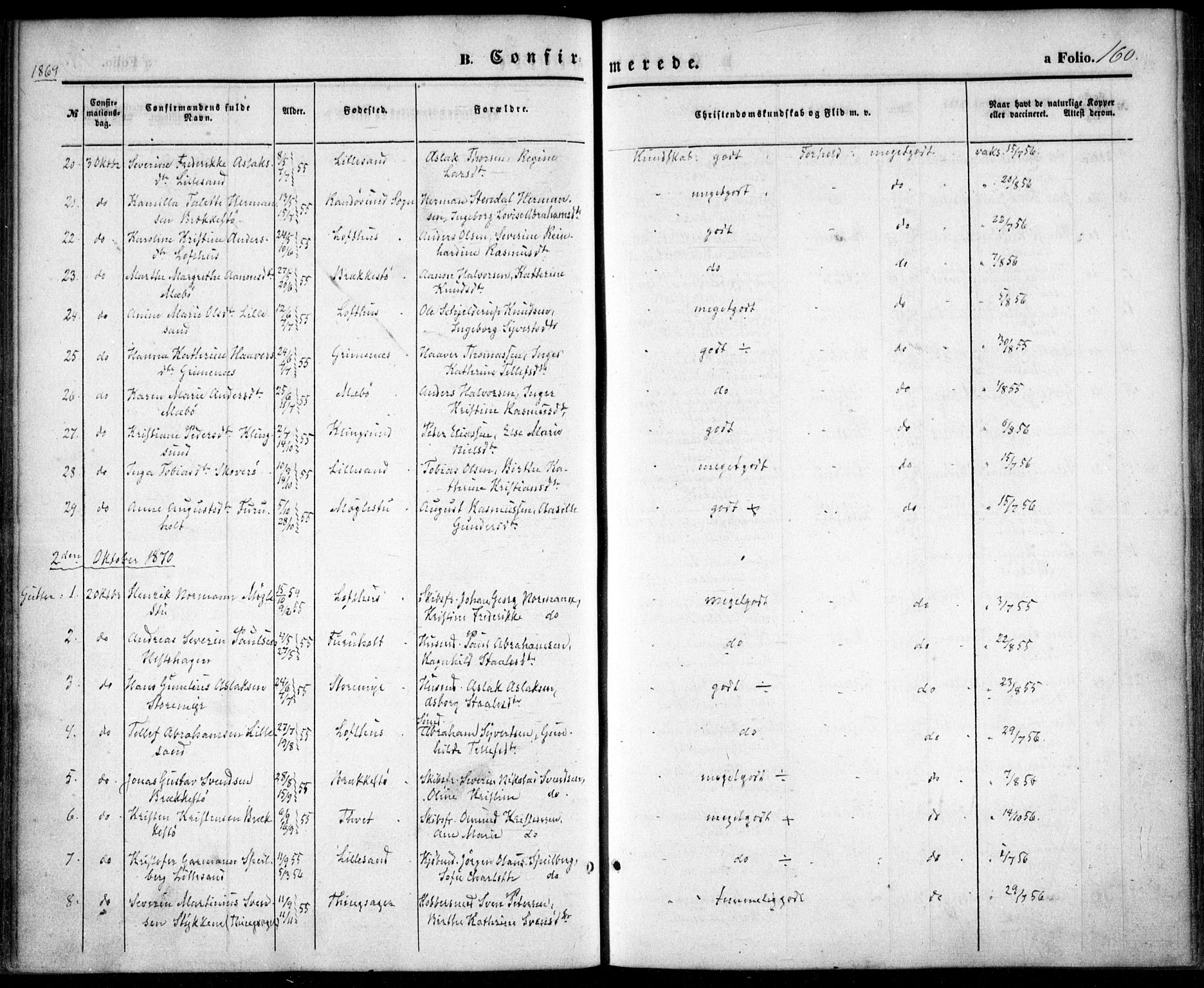 Vestre Moland sokneprestkontor, SAK/1111-0046/F/Fa/Fab/L0007: Parish register (official) no. A 7, 1859-1872, p. 160