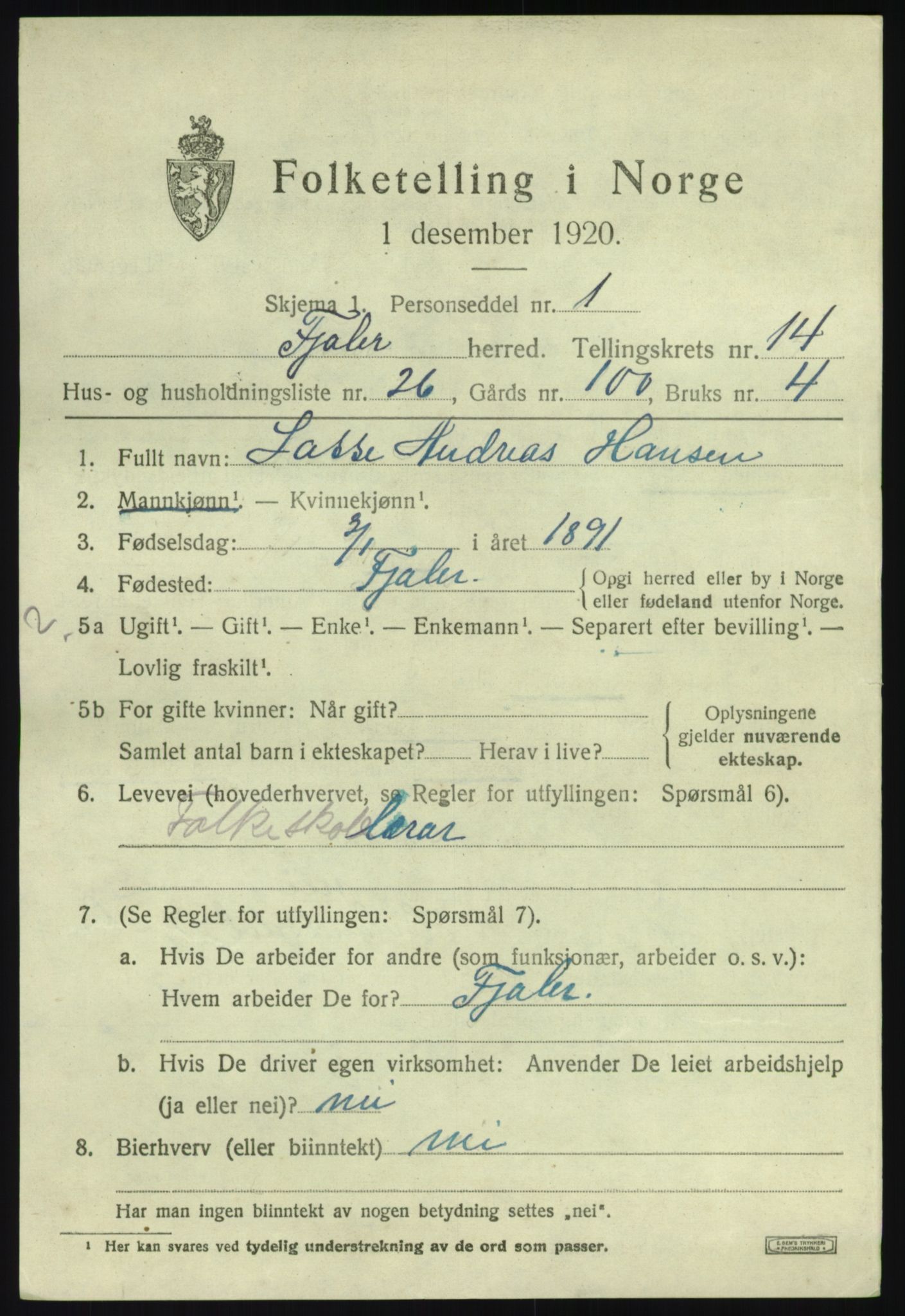 SAB, 1920 census for Fjaler, 1920, p. 8061