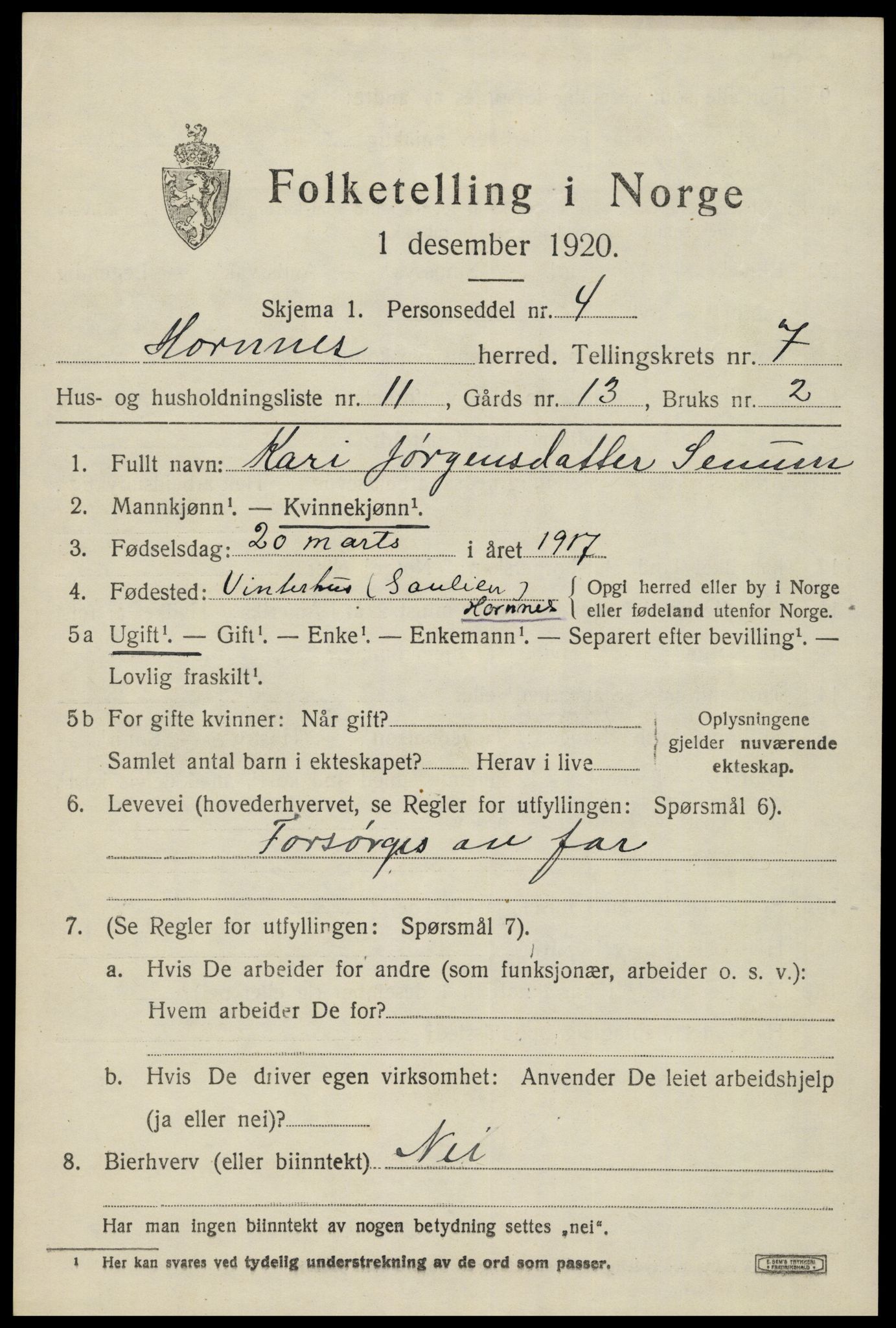 SAK, 1920 census for Hornnes, 1920, p. 1771