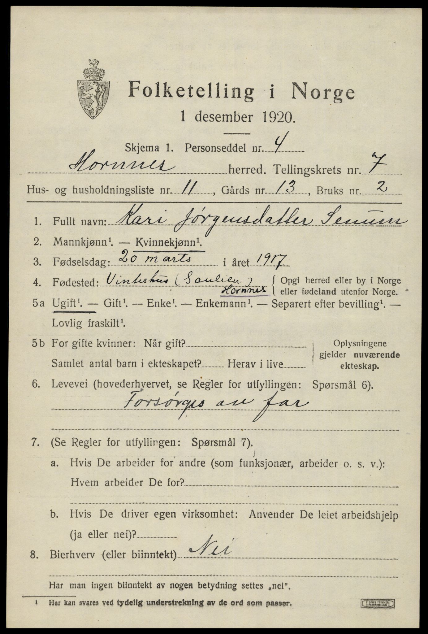 SAK, 1920 census for Hornnes, 1920, p. 1771