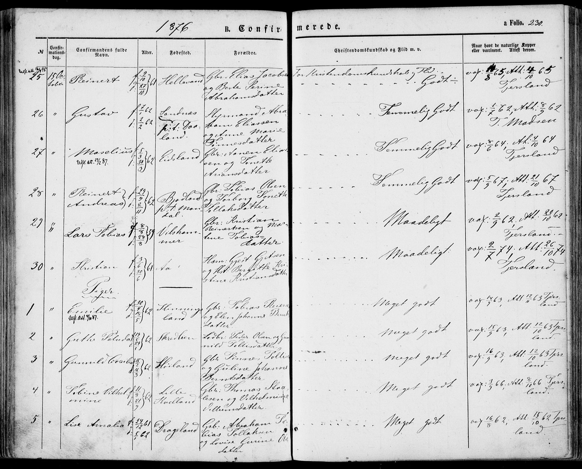 Lyngdal sokneprestkontor, AV/SAK-1111-0029/F/Fa/Fac/L0010: Parish register (official) no. A 10, 1865-1878, p. 230