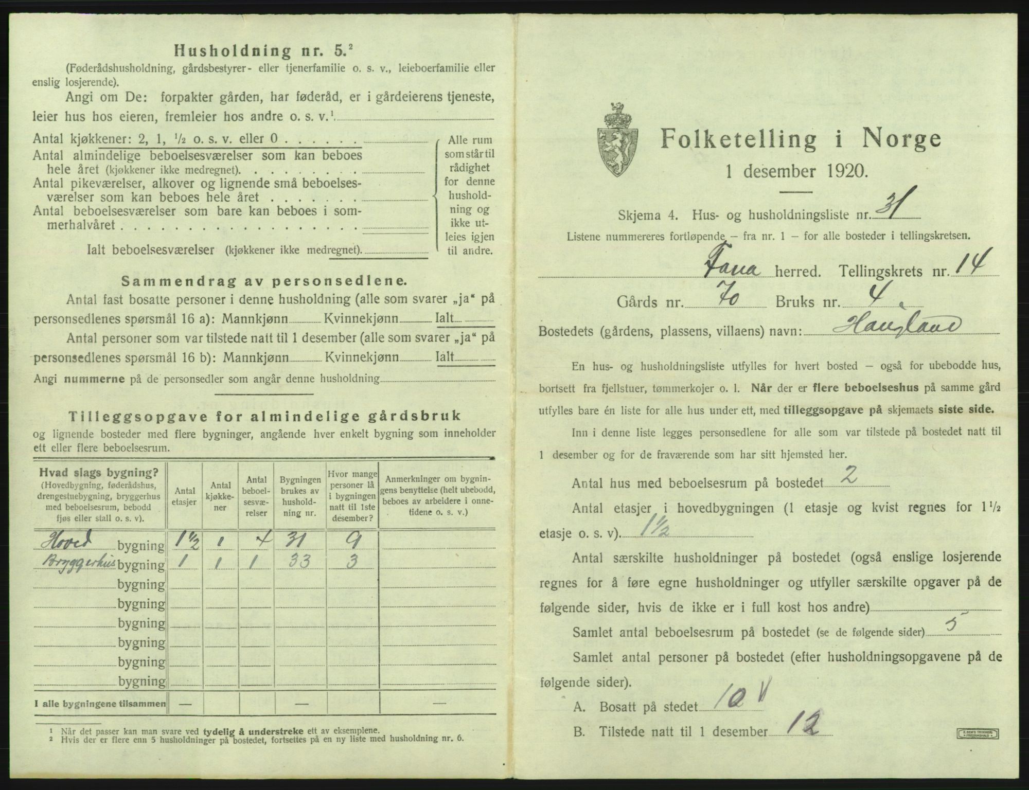 SAB, 1920 census for Fana, 1920, p. 2463